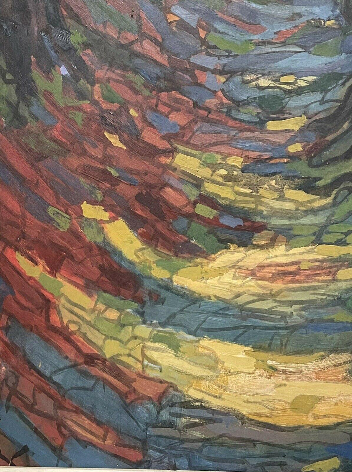 Französisches Fauvist-Ölgemälde aus den 1960er Jahren – Avenue of Woodland Trees Dappled Light Path (Grau), Landscape Painting, von French Fauvist