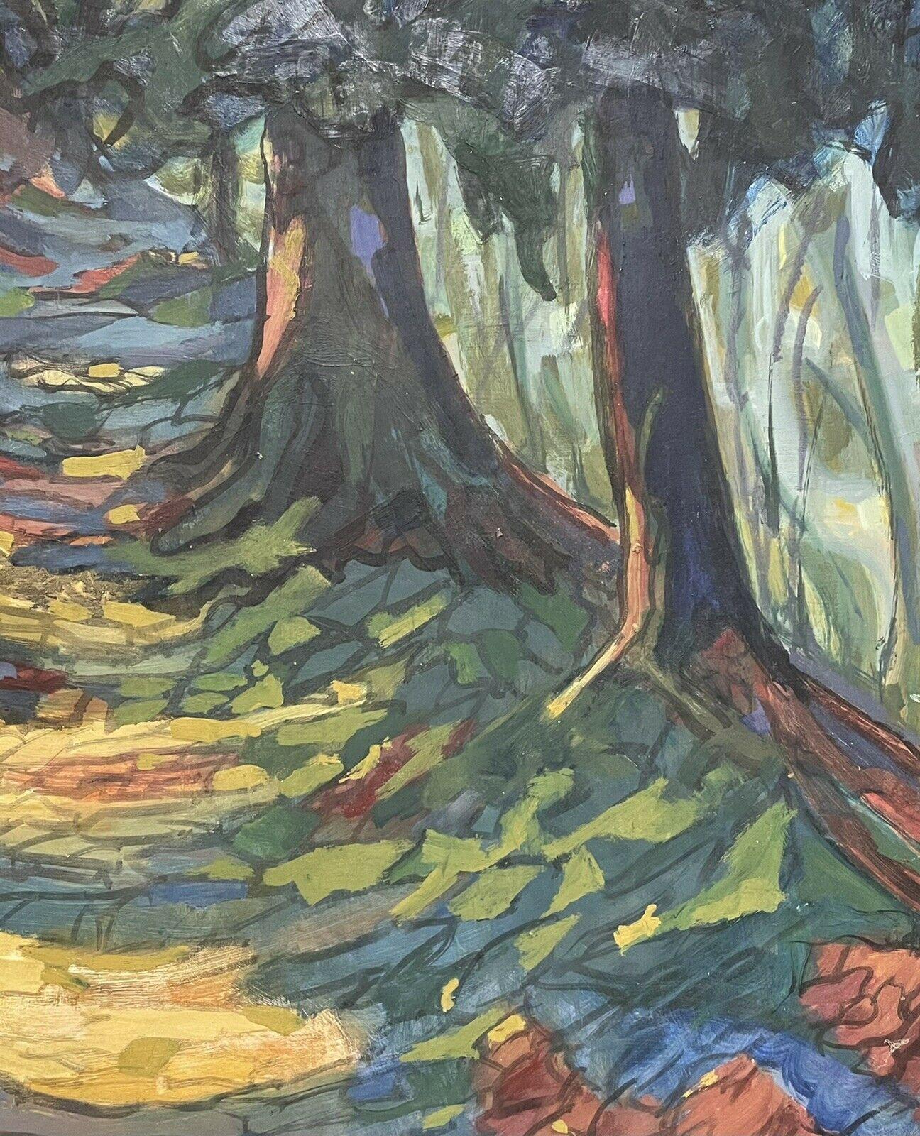 1960's French Fauvist Oil Painting - Avenue of Woodland Trees Dappled Light Path For Sale 1
