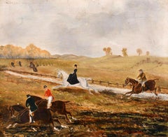 19th Century English School Oil Painting - Hunting Scene Lady Side Saddle Horses