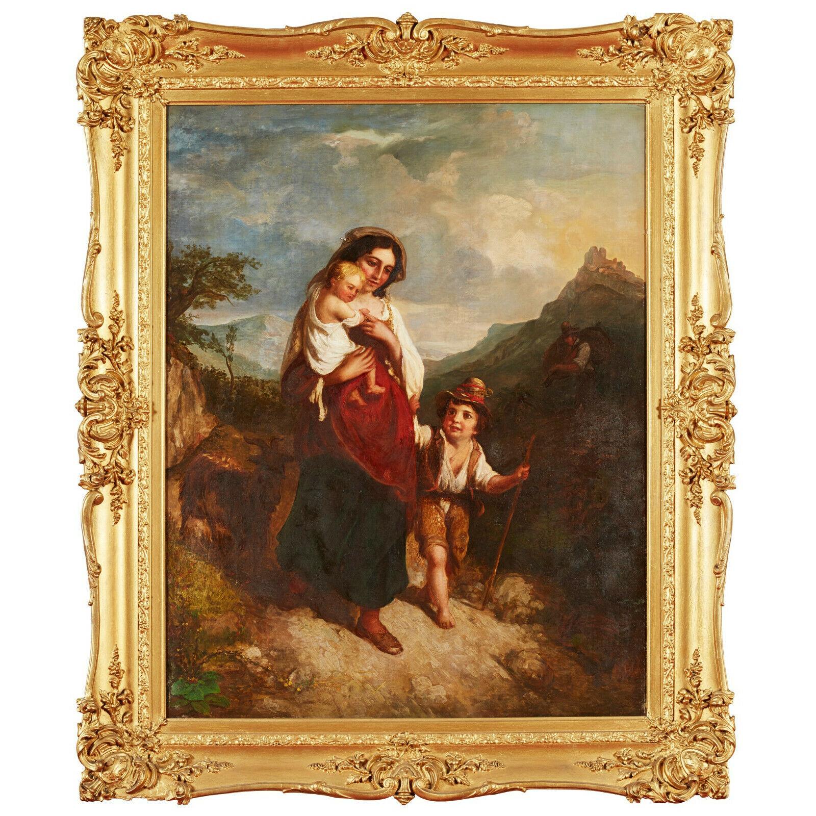Huge 19th Century Italian Oil Painting Young Family on Mountain Pathway Sunset