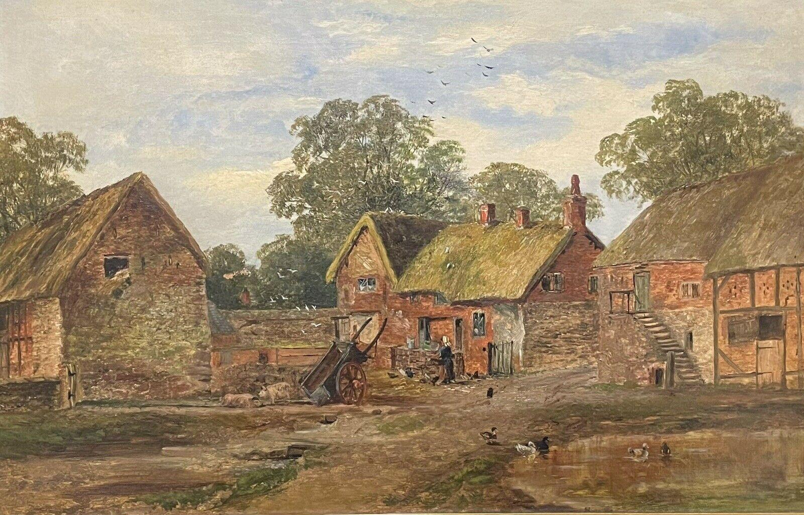 SIGNED VICTORIAN ENGLISH OIL PAINTING - FARMYARD SCENE OLD BUILDINGS -DATED 1875