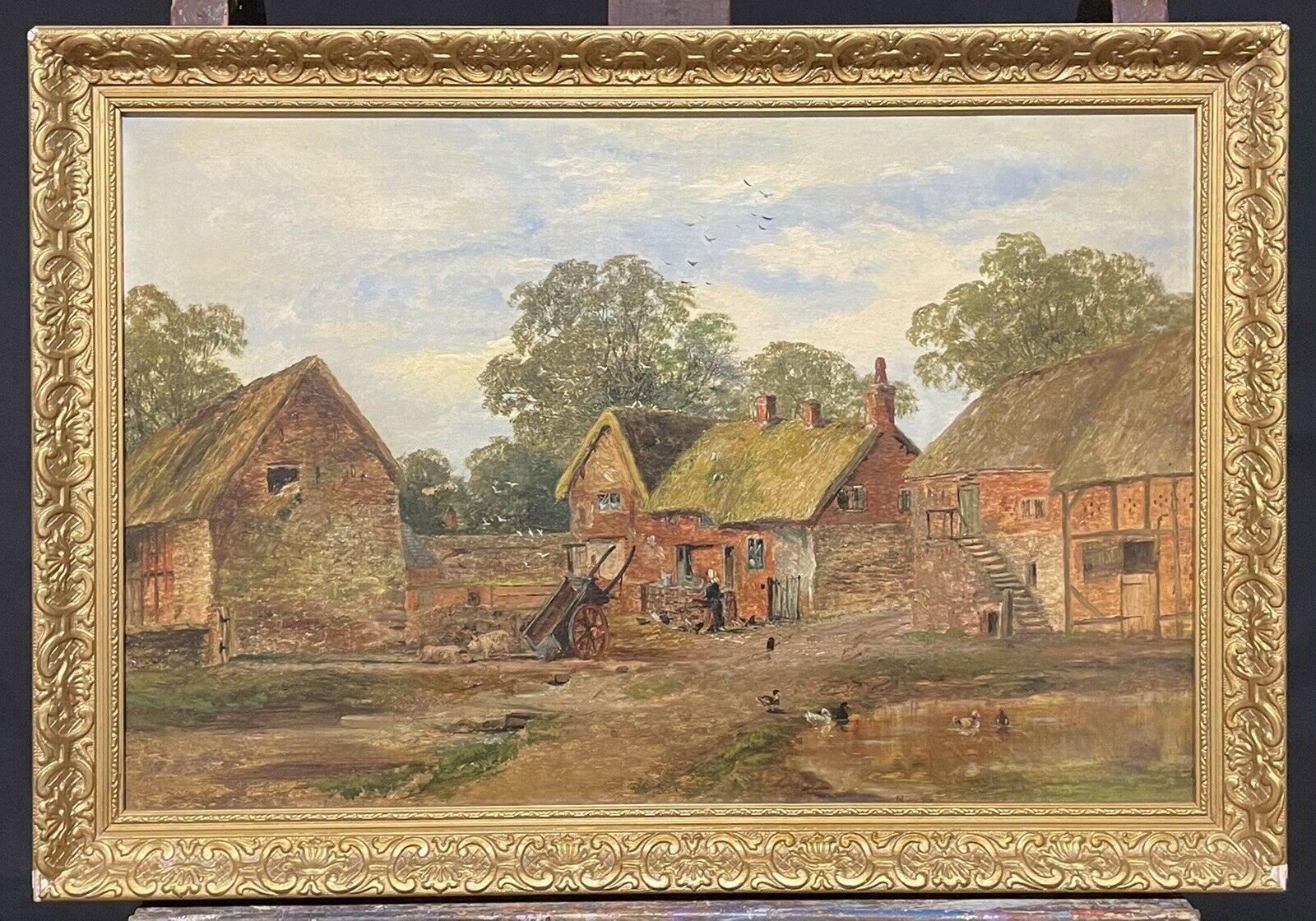 SIGNED VICTORIAN ENGLISH OIL PAINTING - FARMYARD SCENE OLD BUILDINGS -DATED 1875 - Painting by T Turner