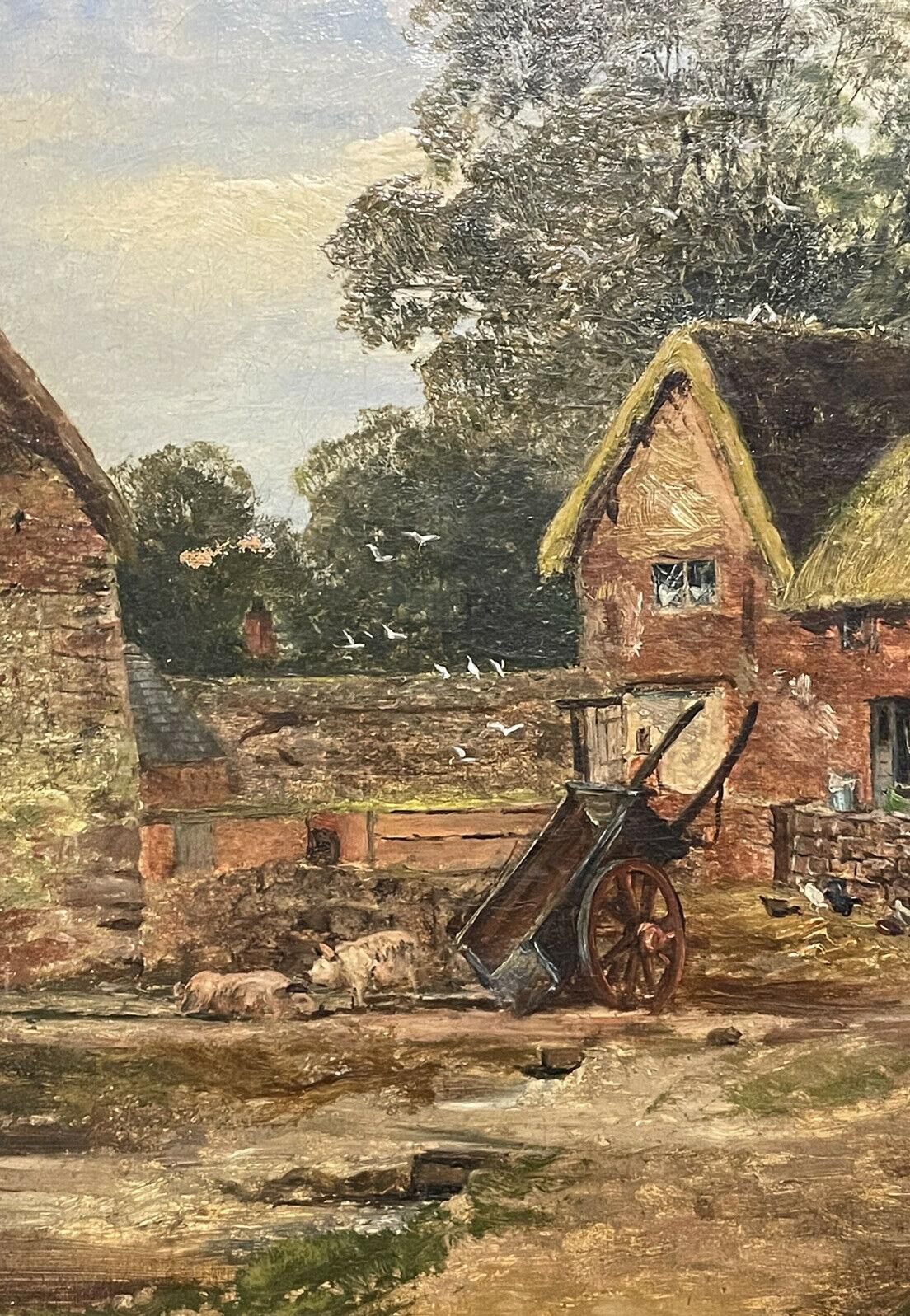 SIGNED VICTORIAN ENGLISH OIL PAINTING - FARMYARD SCENE OLD BUILDINGS -DATED 1875 - Brown Landscape Painting by T Turner