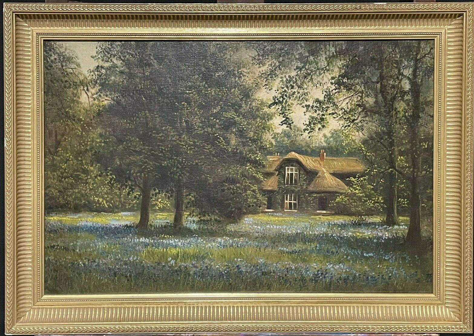 J Lewis Landscape Painting - SIGNED ANTIQUE ENGLISH OIL PAINTING - BLUEBELL MEADOWS COUNTRY HOUSE LANDSCAPE