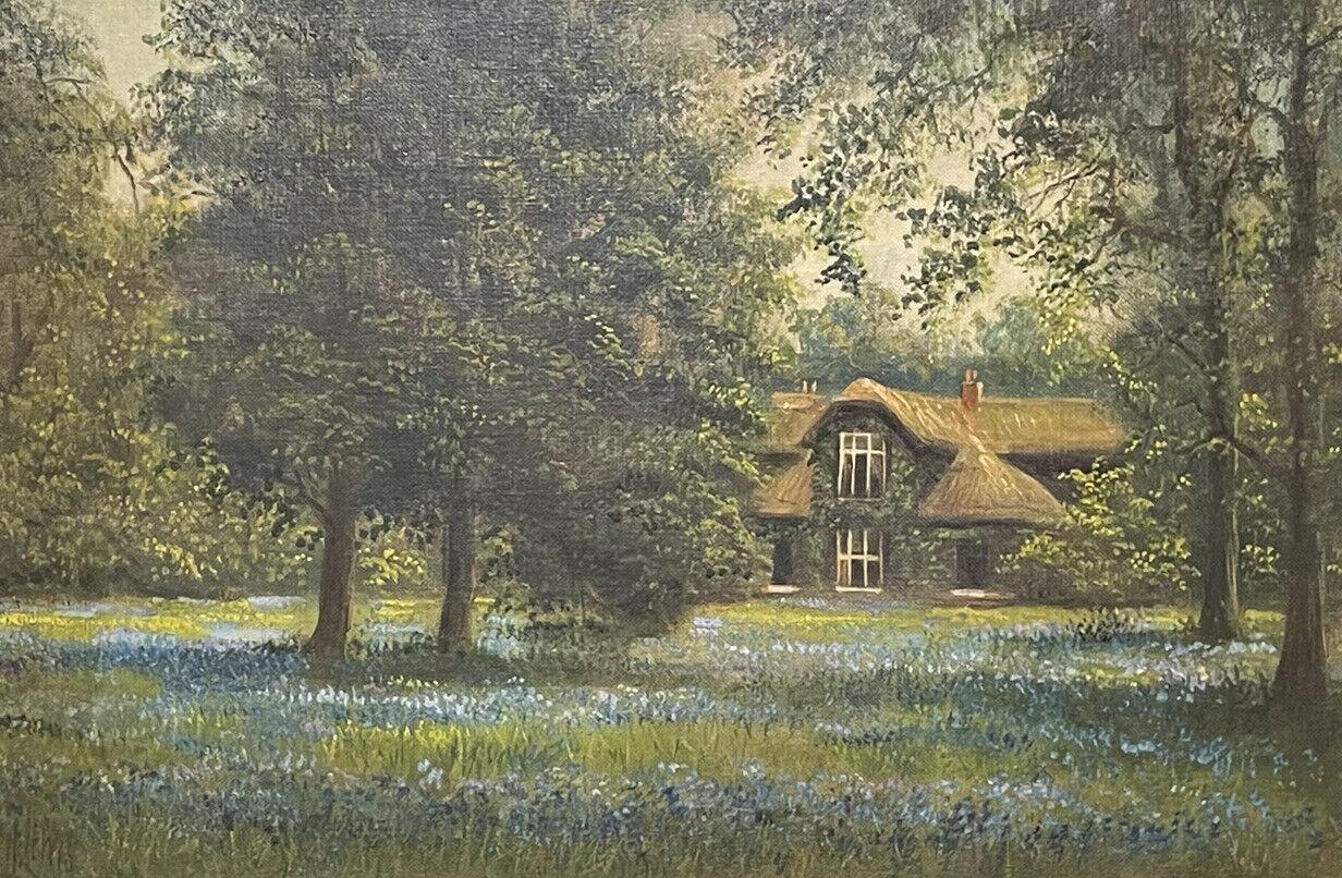 SIGNED ANTIQUE ENGLISH OIL PAINTING - BLUEBELL MEADOWS COUNTRY HOUSE LANDSCAPE - Painting by J Lewis