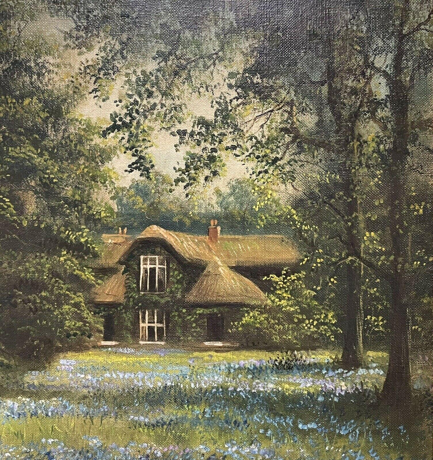 SIGNED ANTIQUE ENGLISH OIL PAINTING - BLUEBELL MEADOWS COUNTRY HOUSE LANDSCAPE - Victorian Painting by J Lewis