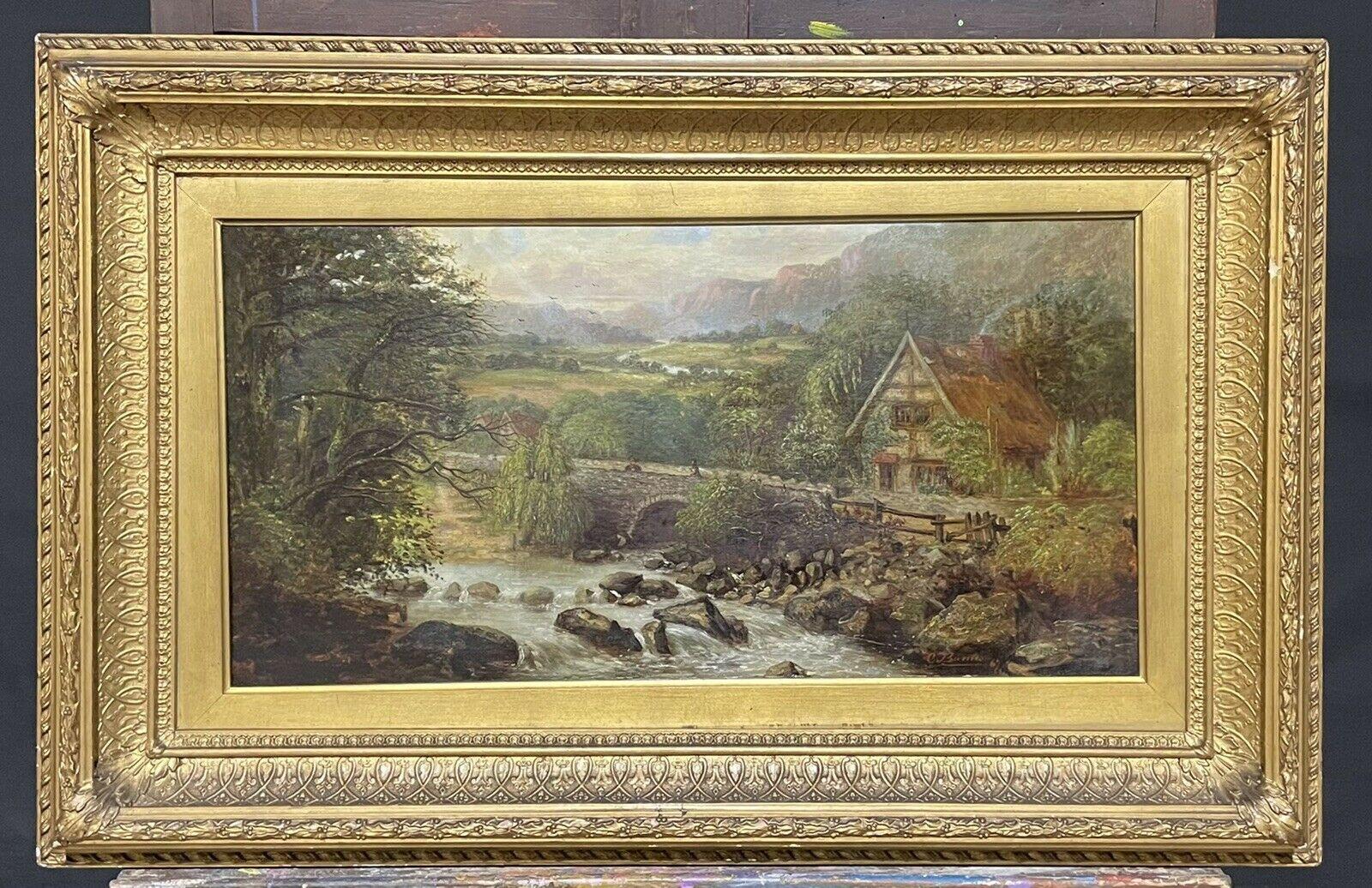 Victorian signed Figurative Painting - SIGNED VICTORIAN FRAMED OIL PAINTING - MOUNTAINOUS RIVER LANDSCAPE WITH FIGURES