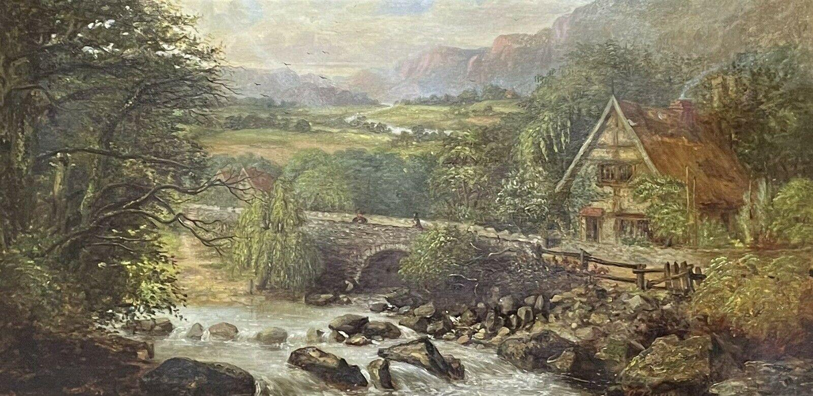SIGNED VICTORIAN FRAMED OIL PAINTING - MOUNTAINOUS RIVER LANDSCAPE WITH FIGURES - Painting by Victorian signed