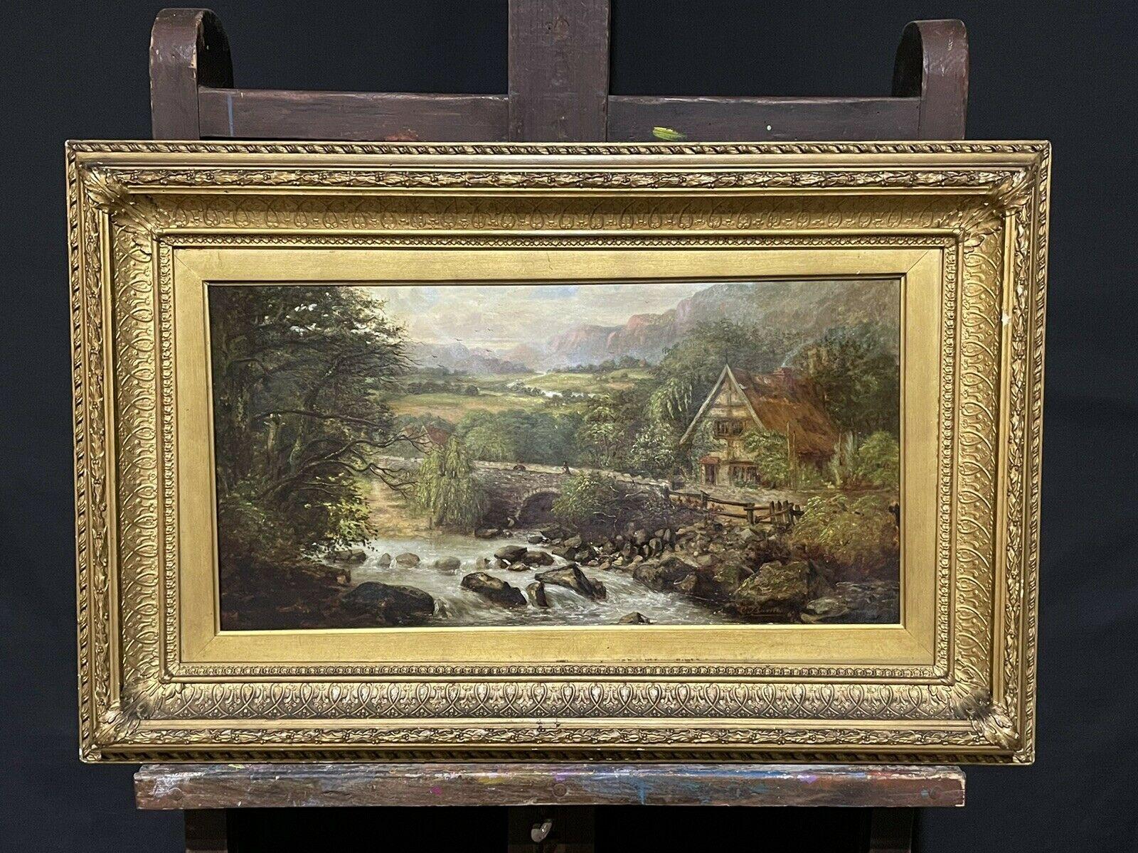 SIGNED VICTORIAN FRAMED OIL PAINTING - MOUNTAINOUS RIVER LANDSCAPE WITH FIGURES - Victorian Painting by Victorian signed