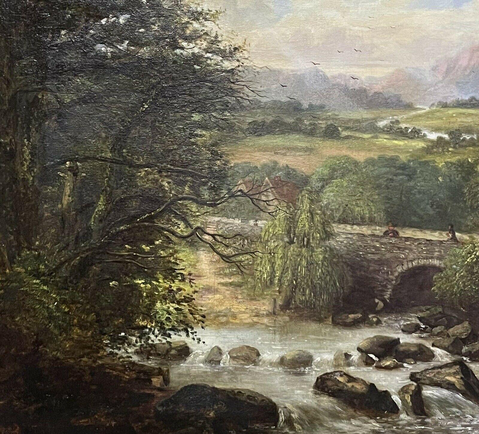 SIGNED VICTORIAN FRAMED OIL PAINTING - MOUNTAINOUS RIVER LANDSCAPE WITH FIGURES - Brown Figurative Painting by Victorian signed