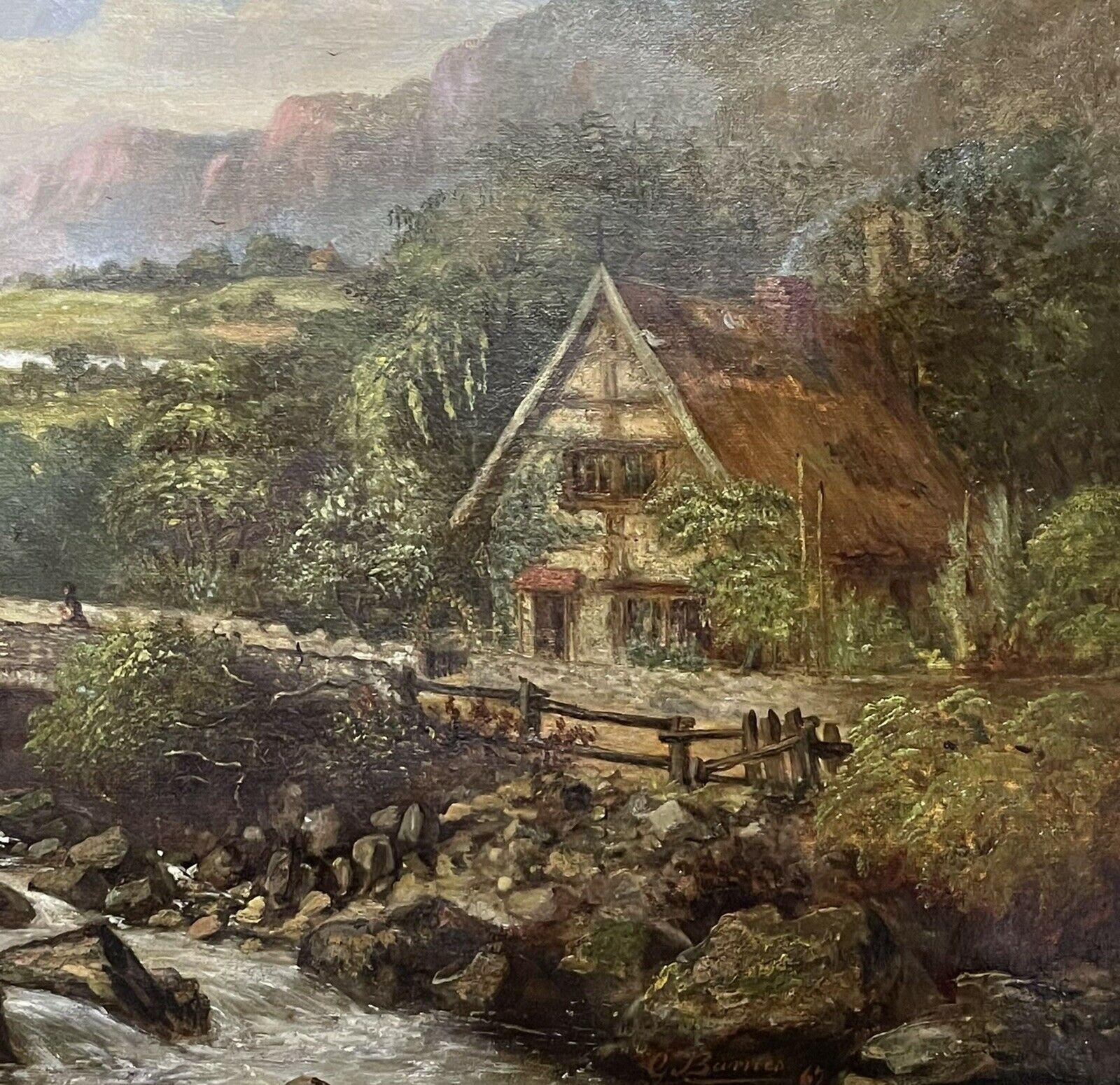 SIGNED VICTORIAN FRAMED OIL PAINTING - MOUNTAINOUS RIVER LANDSCAPE WITH FIGURES 1