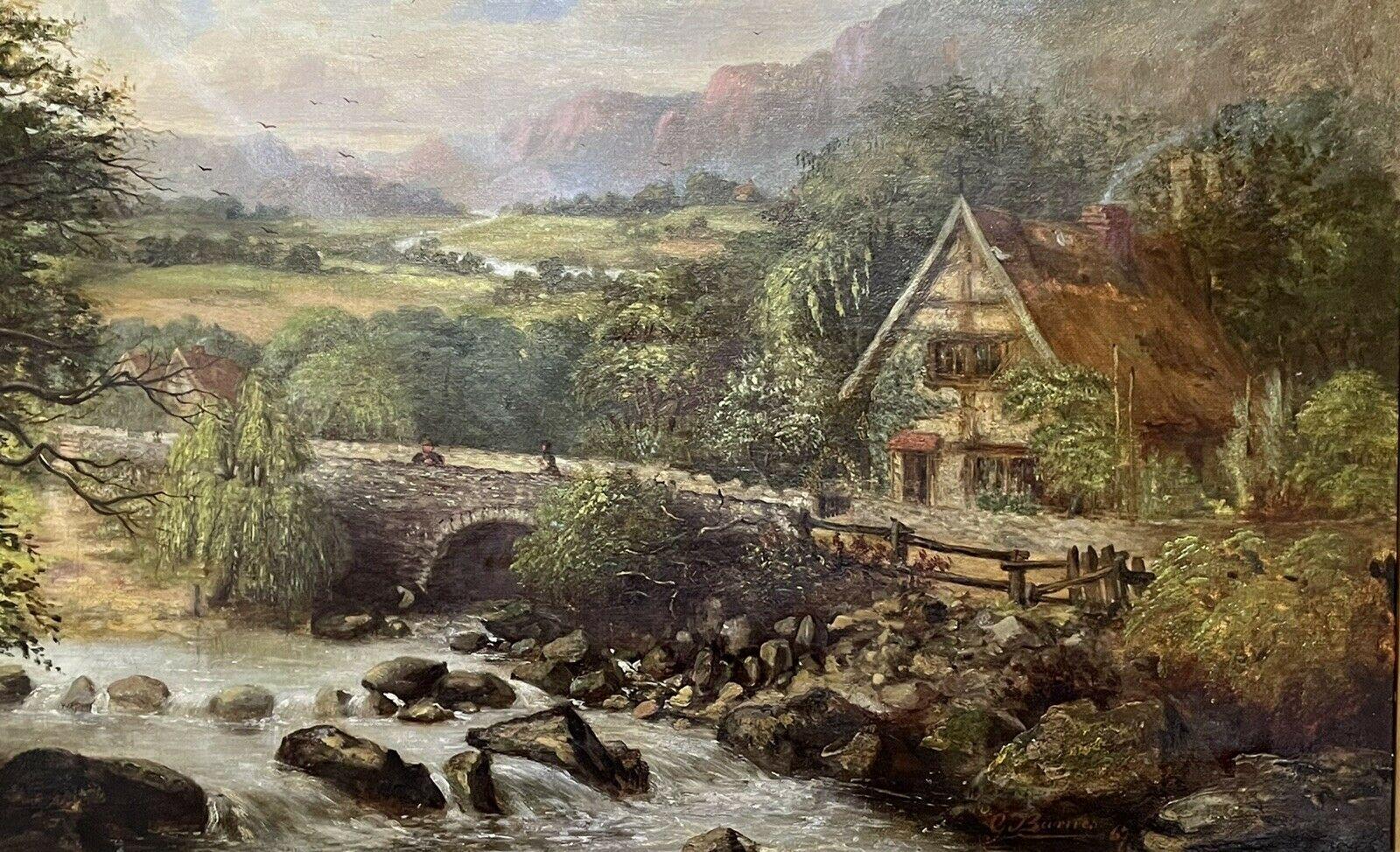 SIGNED VICTORIAN FRAMED OIL PAINTING - MOUNTAINOUS RIVER LANDSCAPE WITH FIGURES 3