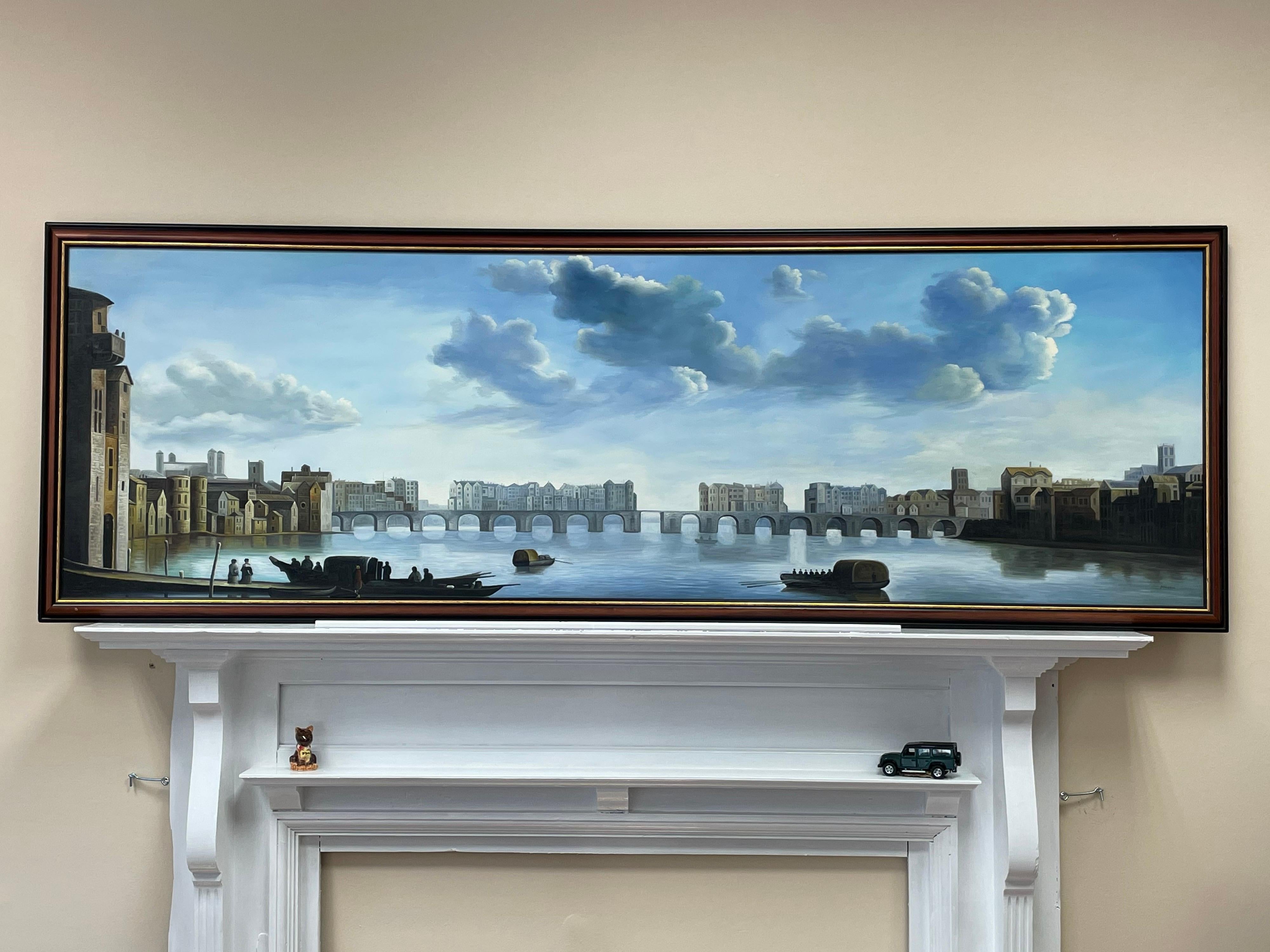 ENORMOUS SIGNED OIL PAINTING - HISTORICAL RIVER THAMES LONDON SKYLINE PANORAMIC - Painting by British School