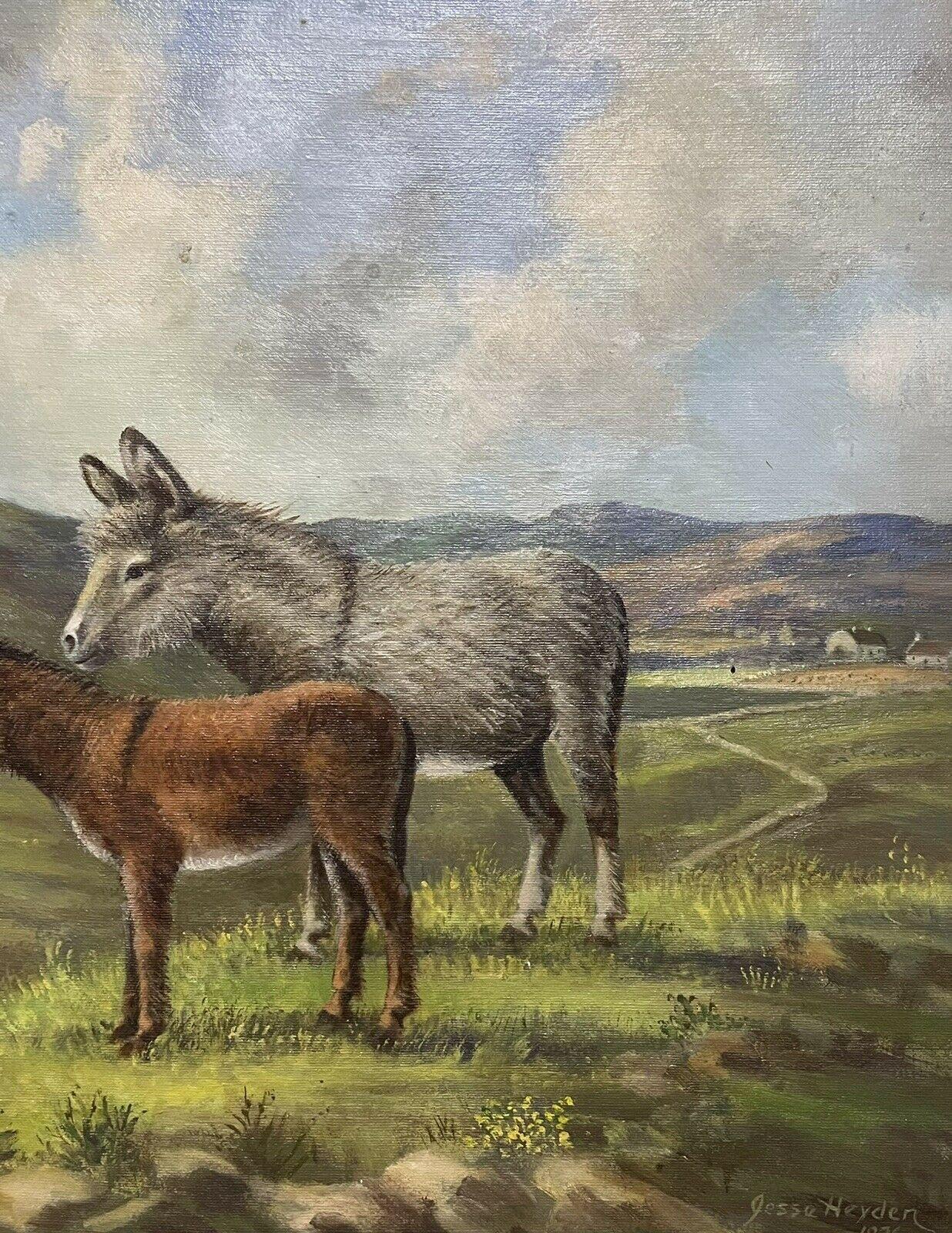 VINTAGE IRISH SIGNED OIL PAINTING - DONKEYS STANDING IN CO. DOWN LANDSCAPE FIELD - Painting by Irish School