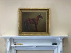 1920's Classic British Sporting Art Oil Painting Chestnut Horse in Stable