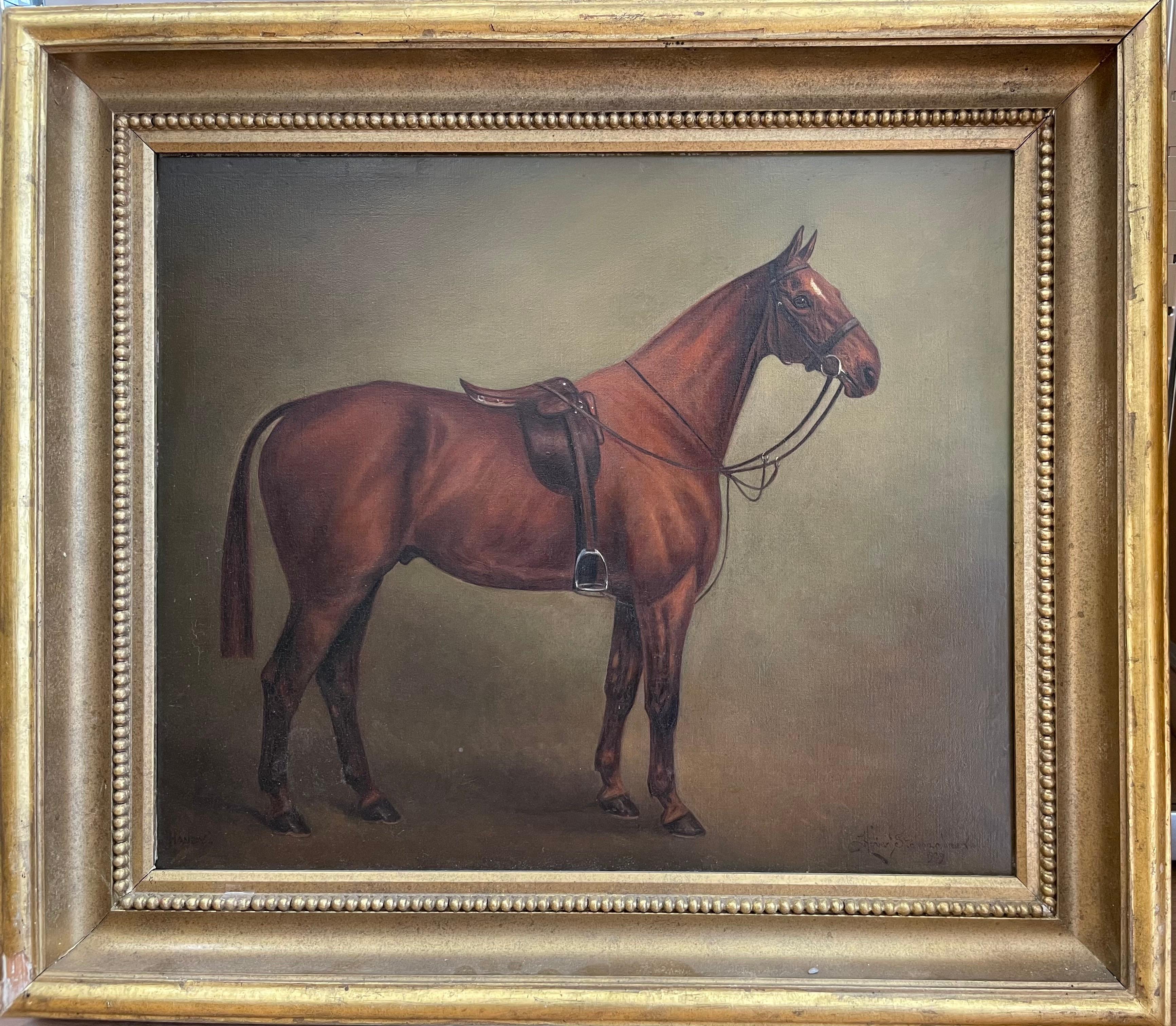Herbert St. John Jones Interior Painting - 1920's Classic British Sporting Art Oil Painting Chestnut Horse in Stable 