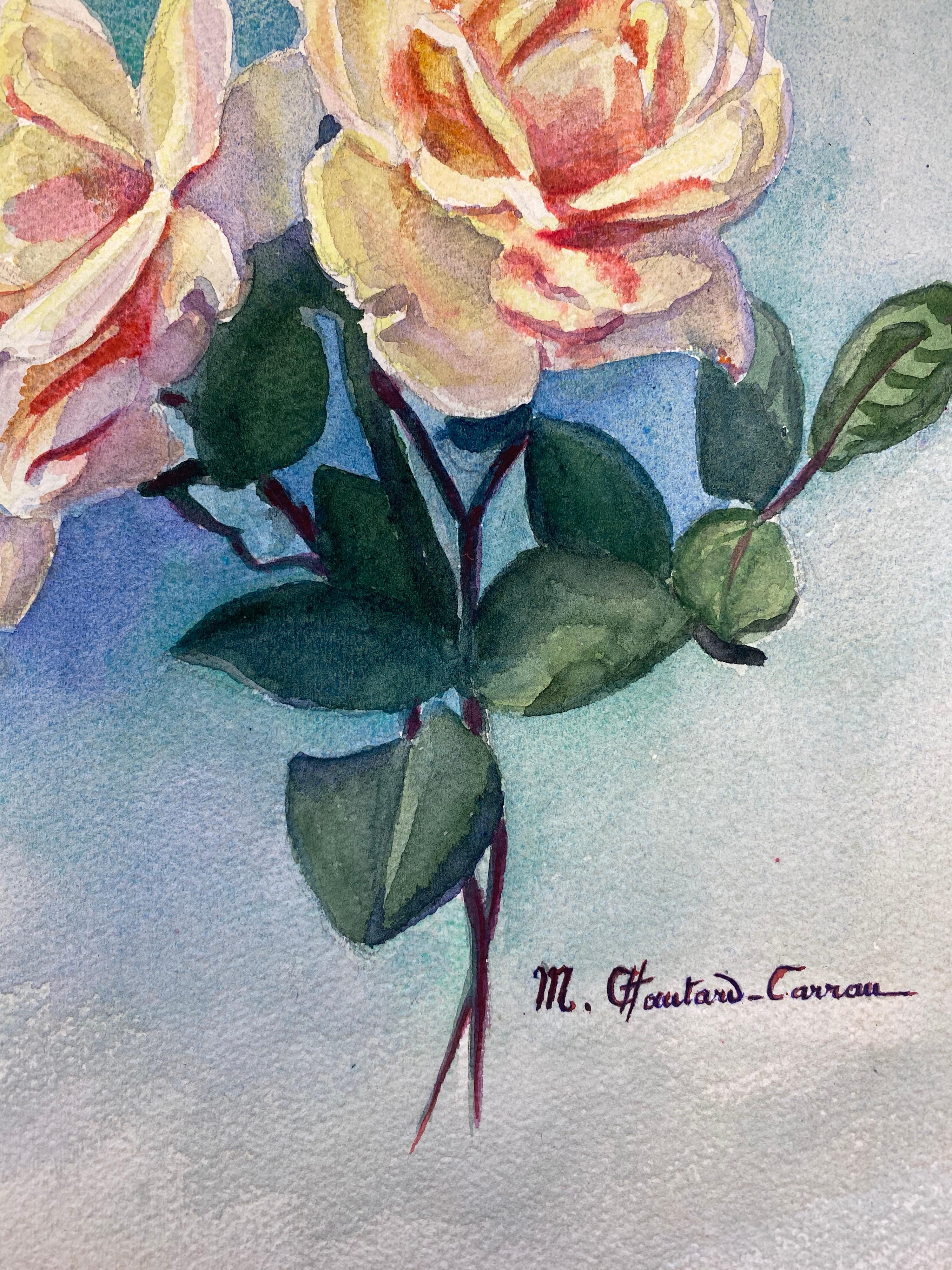 Acuarela de flores impresionista francesa de principios de 1900 firmada por Marie Carreau - Still-Life Painting Gris de Marie-Amelie Chautard-Carreau