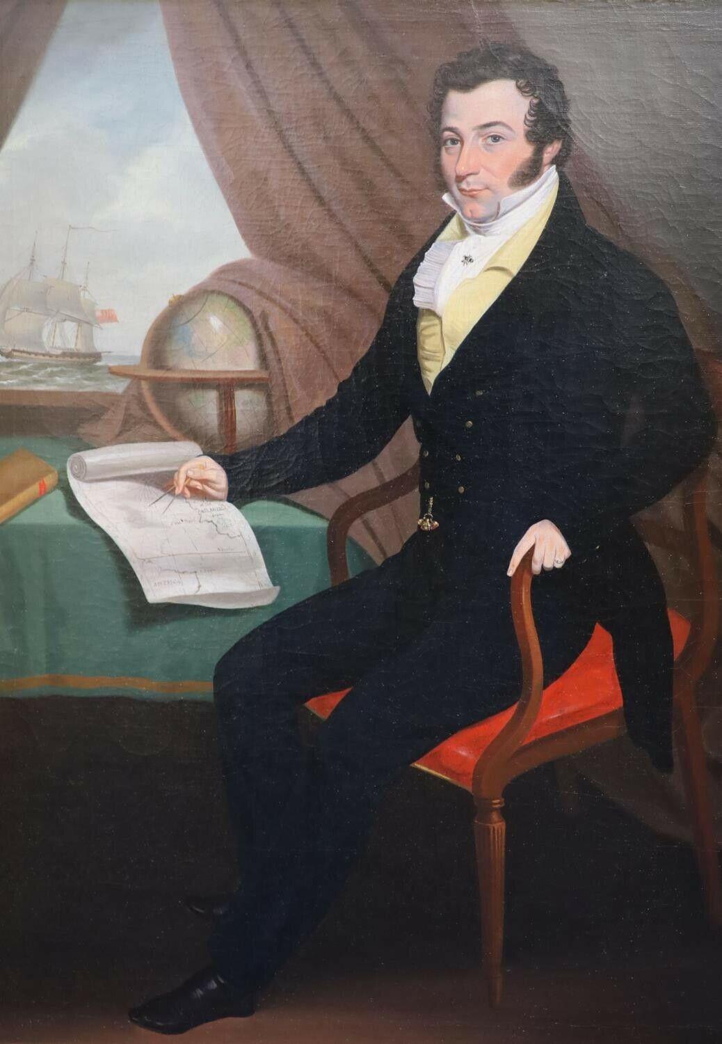Anglo American School Figurative Painting - ANGLO-AMERICAN SCHOOL C. 1820'S - PORTRAIT OF MERCHANT ON SHIP WITH GLOBE & MAP