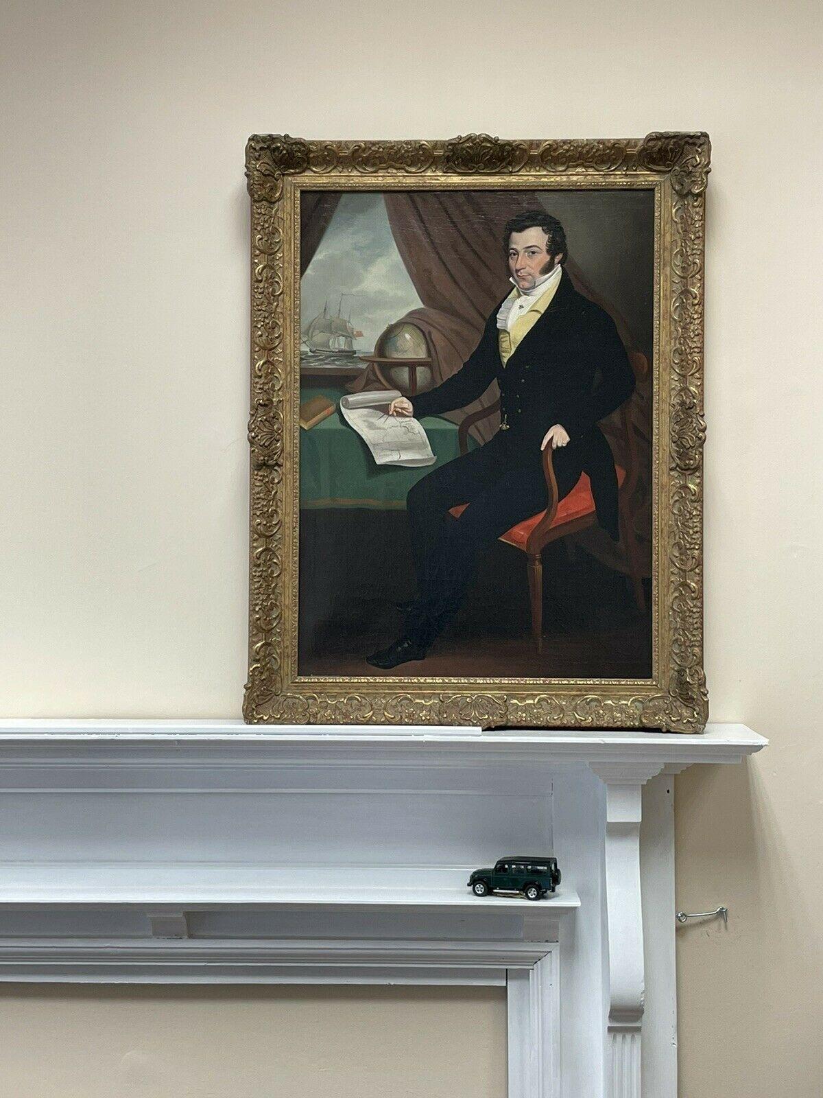 ESCUELA ANGLOAMERICANA C. 1820  RETRATO DE COMERCIANTE EN BARCO CON GLOBO TERRÁQUEO Y MAPA - Painting Realista de Anglo American School