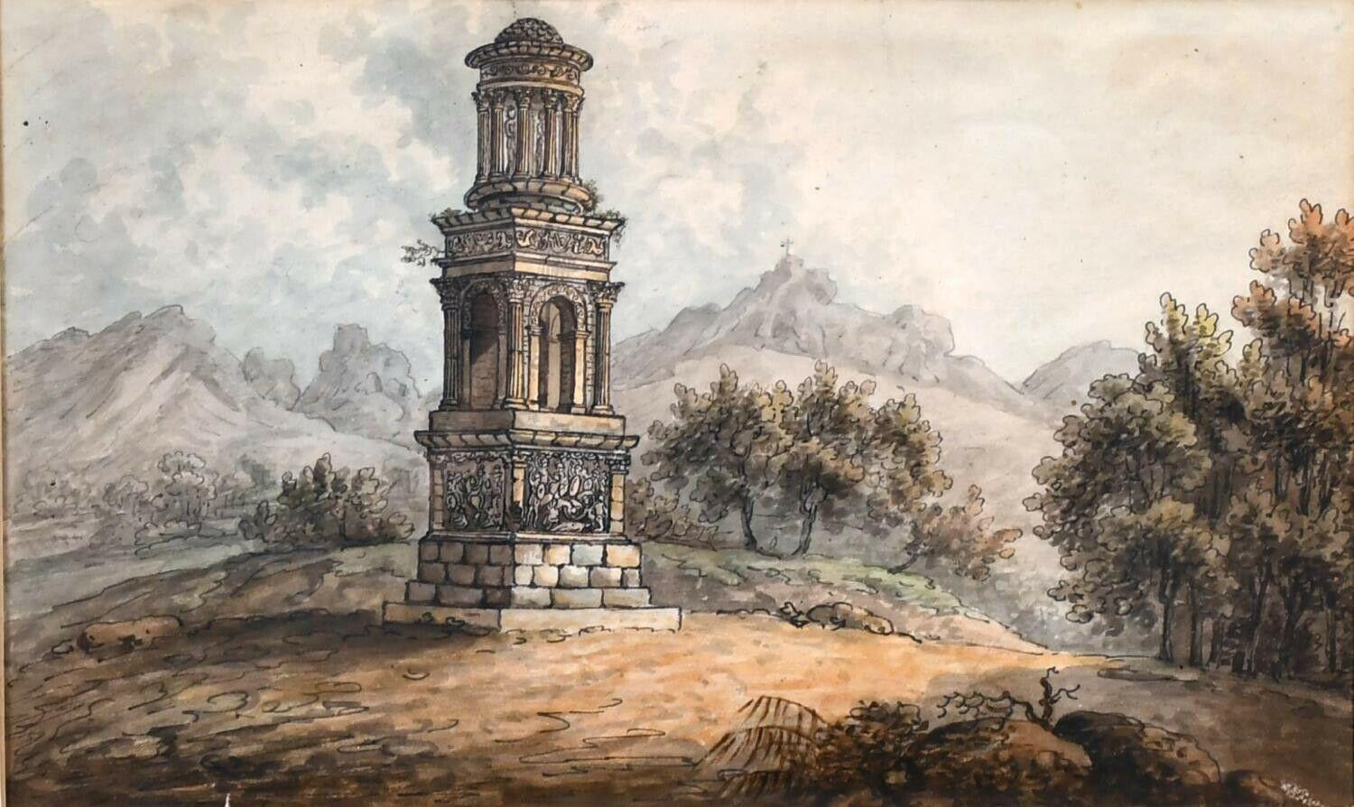 Landscape Painting French Artist - Tournoi GRAND Tournoi FRANÇAIS du 18e Siècle - WATERCOLOUR DE SONUMENT romain REMY PROVENCE (provenance rémy)
