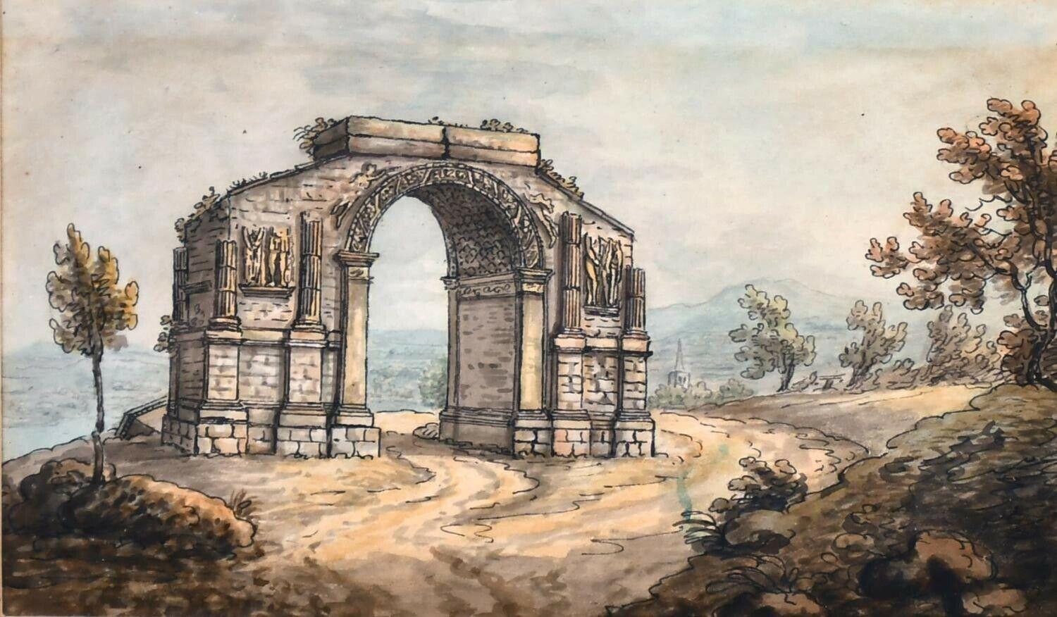 French artist Landscape Painting - 18th CENTURY FRENCH GRAND TOUR WATERCOLOUR - ROMAN MONUMENT ST. REMY PROVENCE