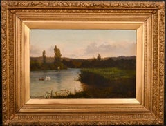 JOHN JOSEPH HUGHES (1820-1909) SIGNED 1882 OIL PAINTING - TRANQUIL RIVER DUSK