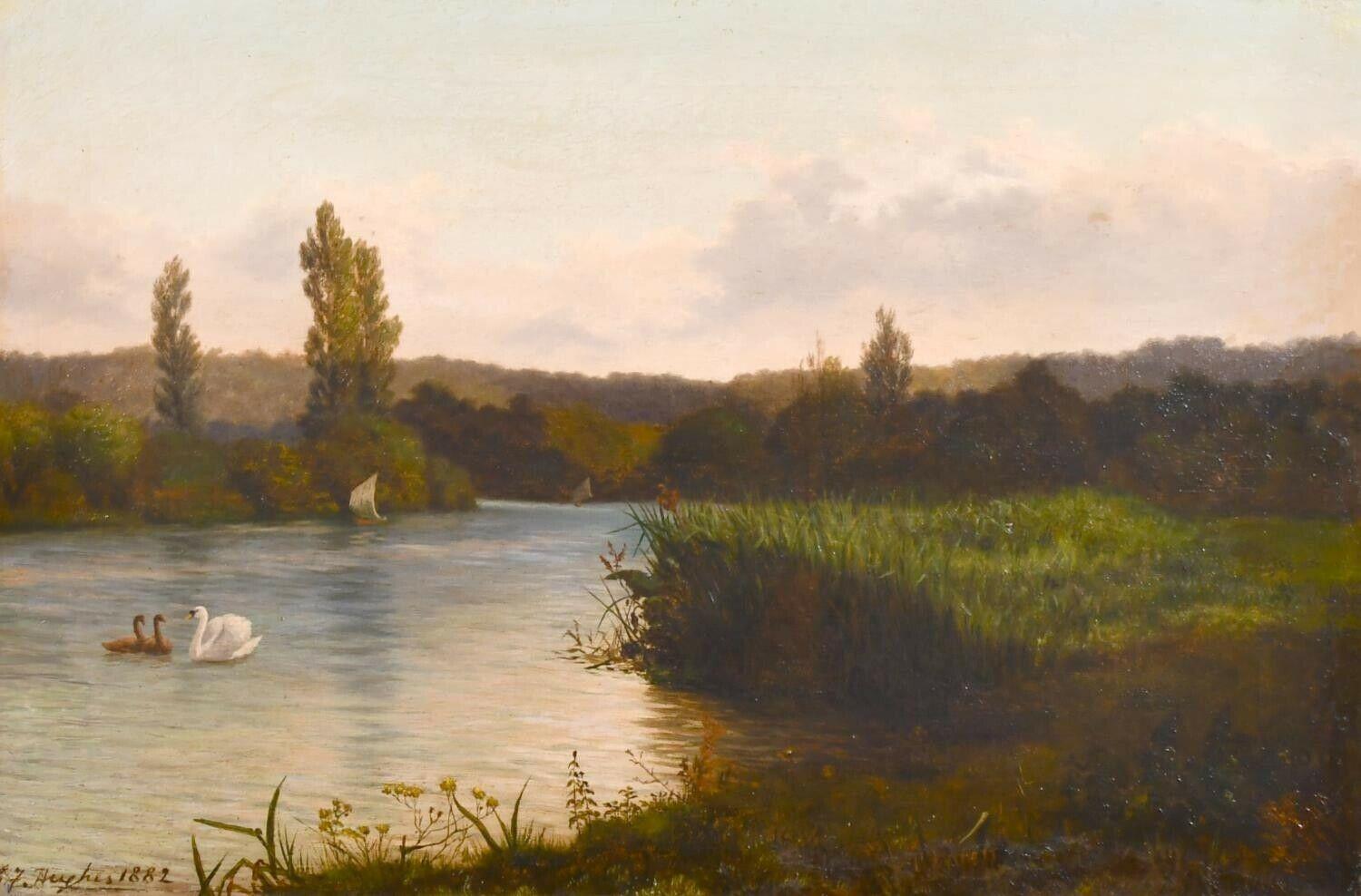 JOHN JOSEPH HUGHES (1820-1909) SIGNED 1882 OIL PAINTING - TRANQUIL RIVER DUSK - Painting by John Joseph Hughes