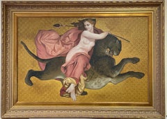 Huge Classical Oil Painting Bacchante on a Panther carrying a Spear, Gold relief