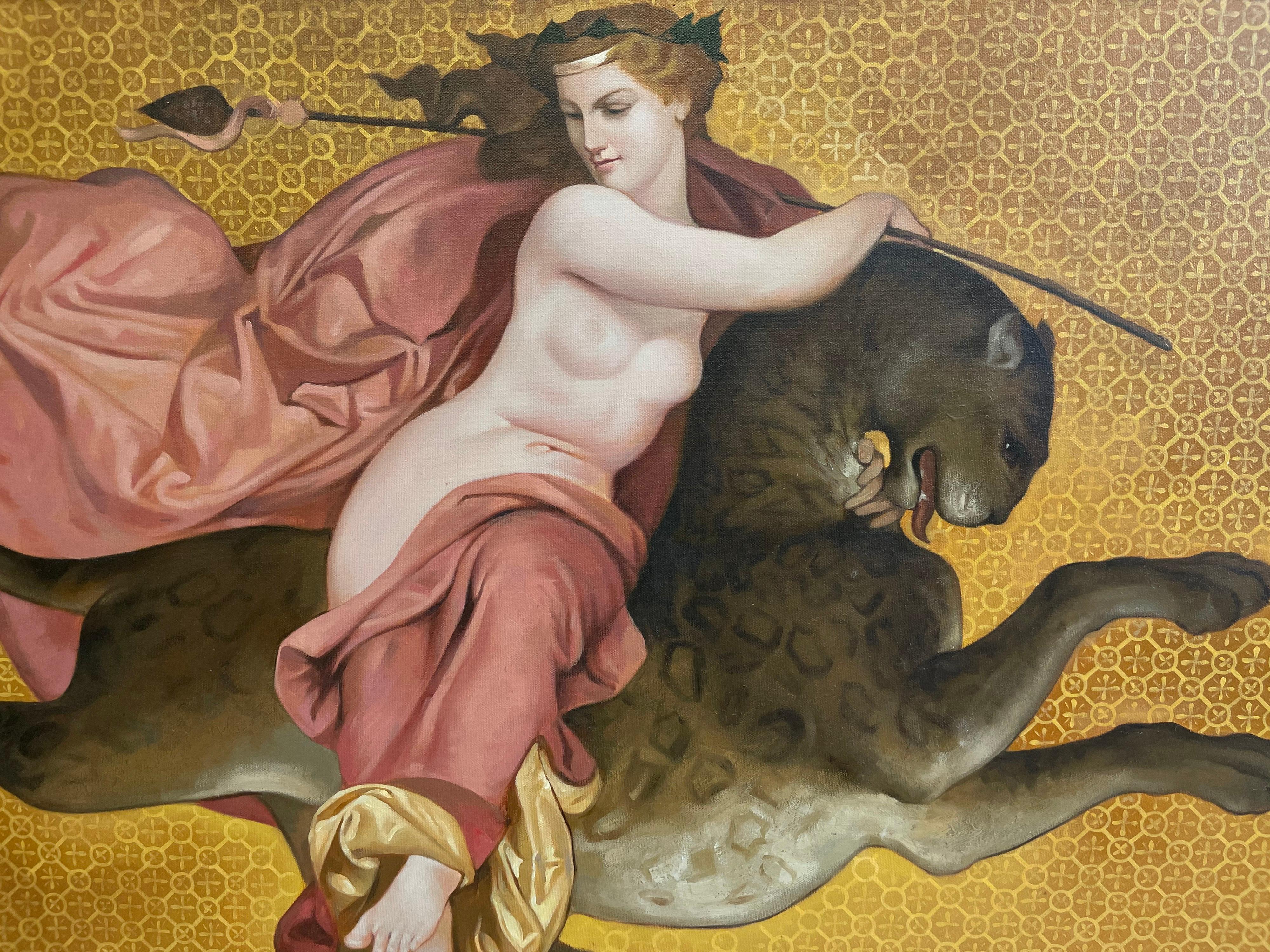 Huge Classical Oil Painting Bacchante on a Panther carrying a Spear, Gold relief - Brown Animal Painting by William Adolphe Bouguereau