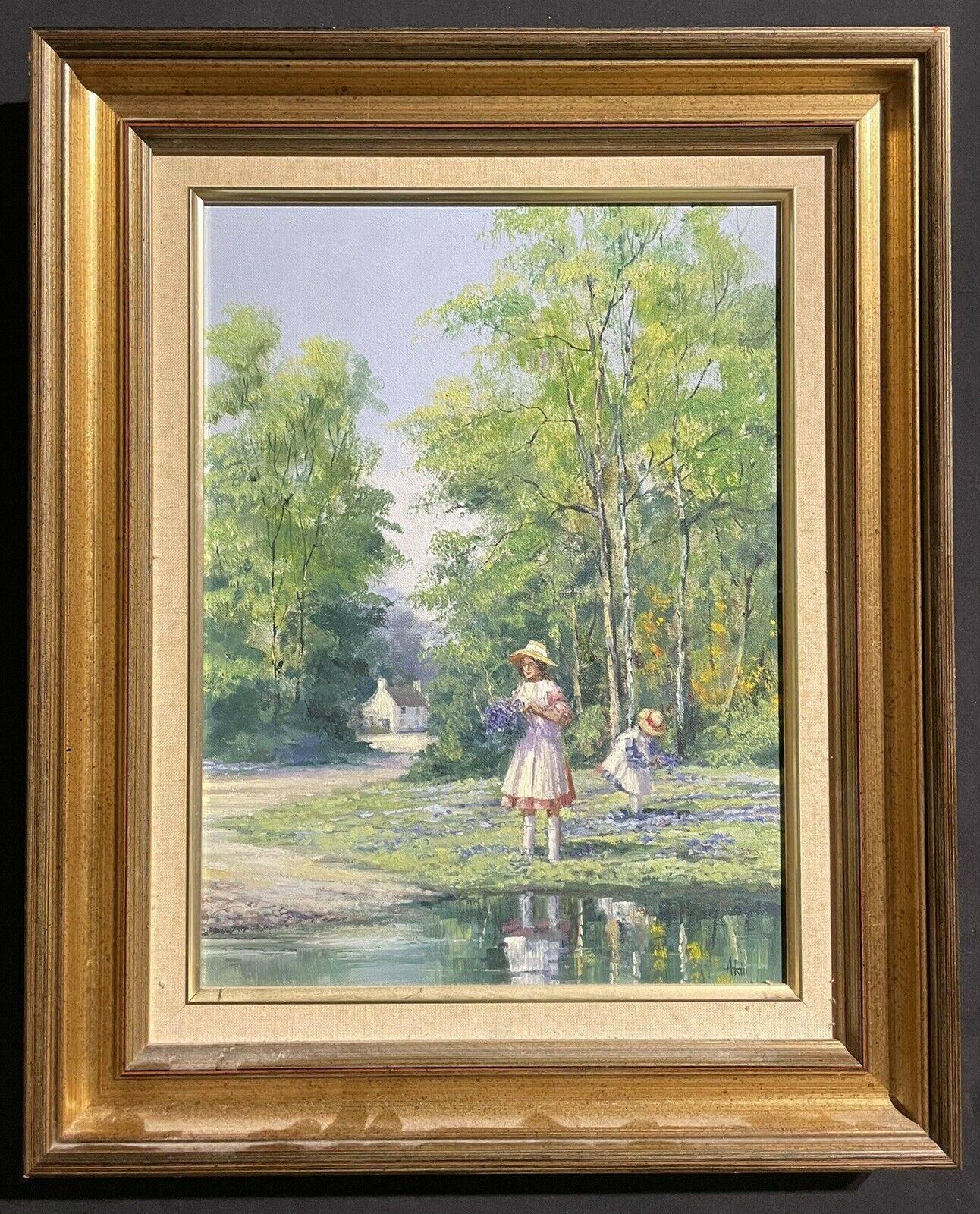 ALAN KING - ORIGINAL OIL PAINTING - CHILDREN GATHERING BLUEBELLS BY STREAM - Painting by Alan King