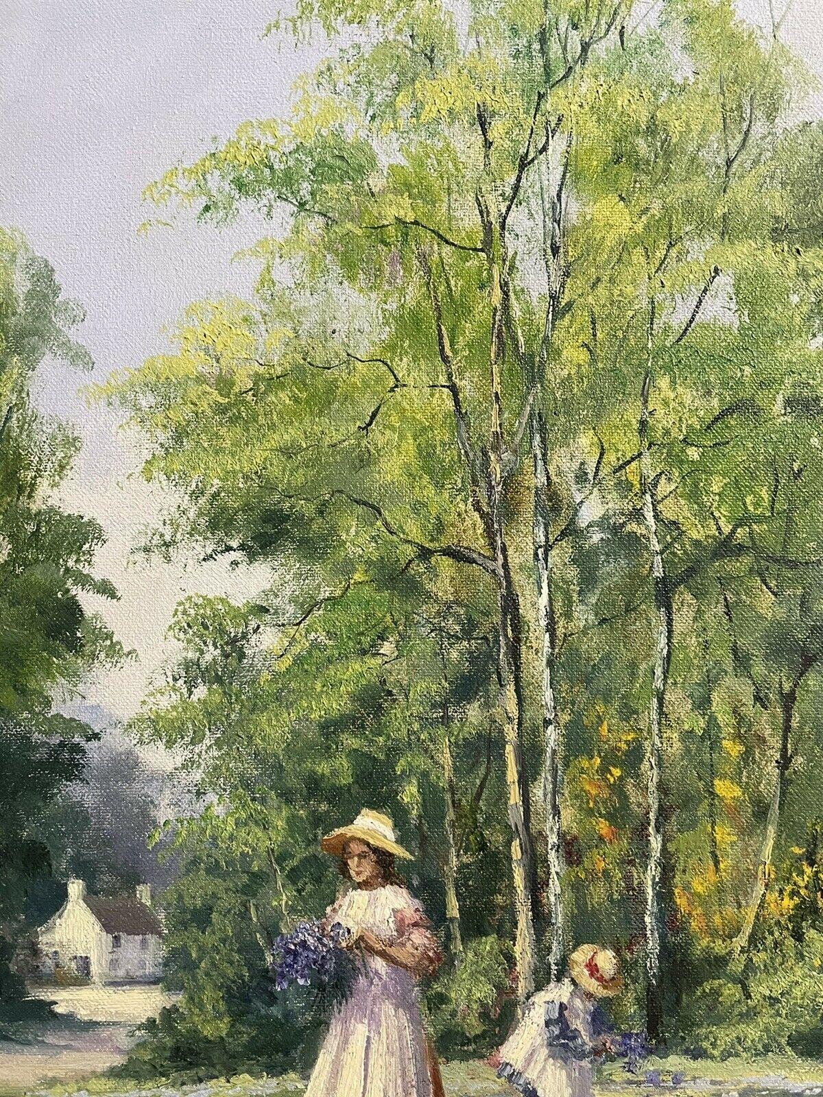 ALAN KING - ORIGINAL OIL PAINTING - CHILDREN GATHERING BLUEBELLS BY STREAM - Victorian Painting by Alan King