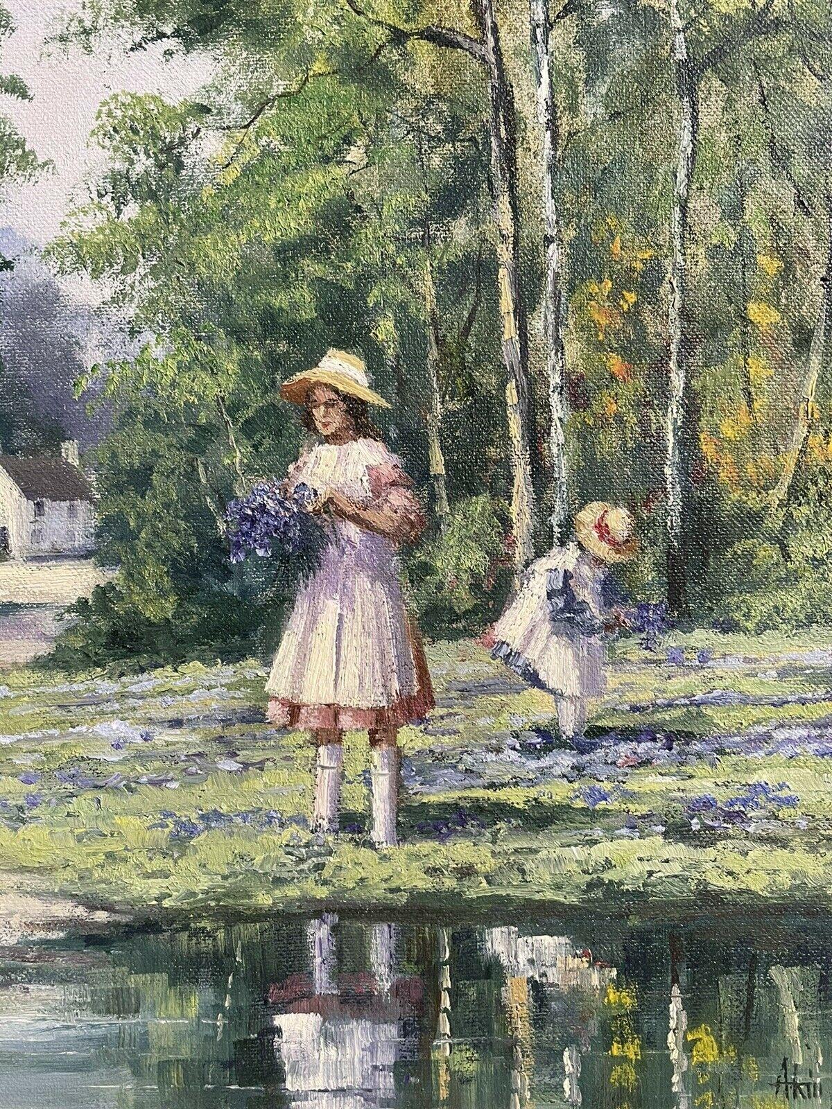 ALAN KING - ORIGINAL OIL PAINTING - CHILDREN GATHERING BLUEBELLS BY STREAM - Gray Figurative Painting by Alan King