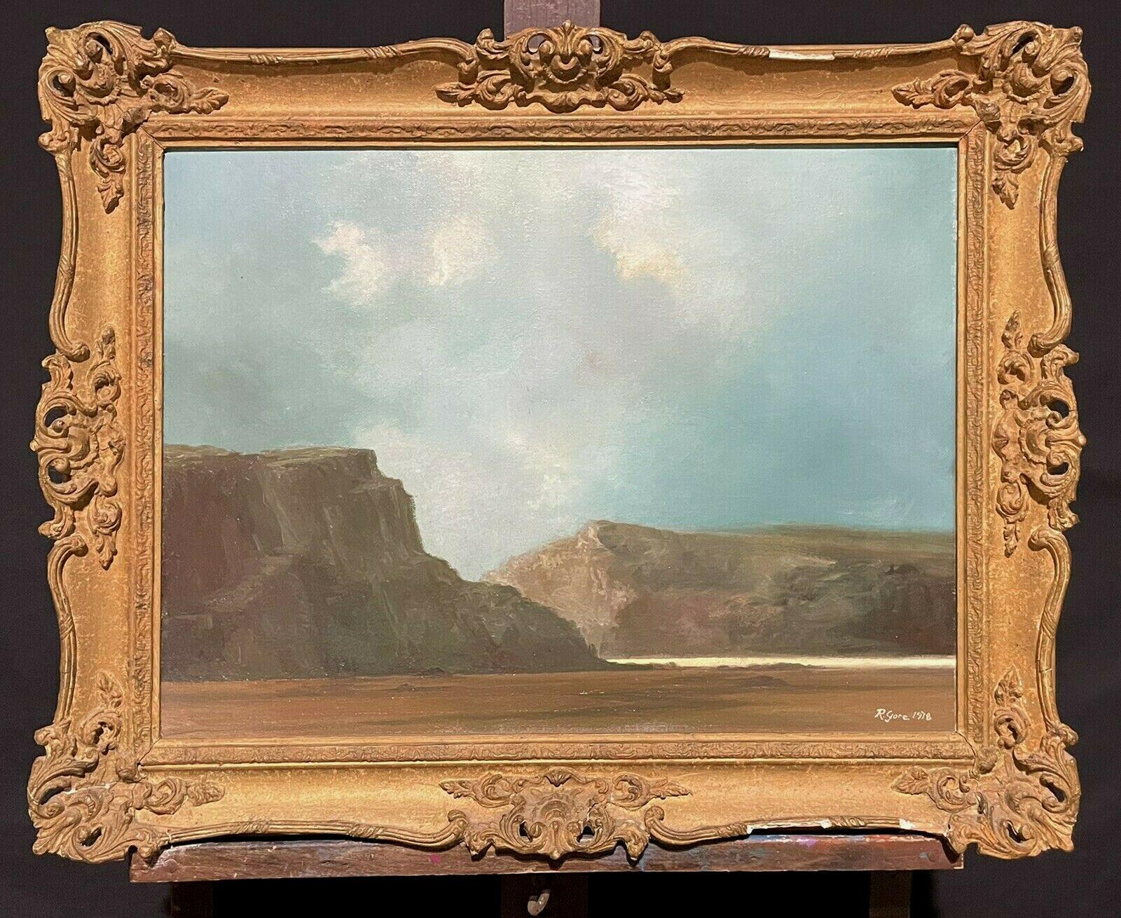 Landscape Painting R.Gore - Peinture de clous d'oreilles imprimé britannique des années 1970, signée par un impressionniste - SCENE ET CLIFFS DE BOUCLES DE BEACH RÉALISÉES