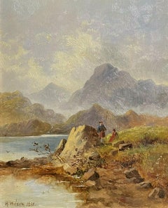 VICTORIAN SCOTTISH OIL PAINTING - ANGLERS BESIDE HIGHLAND LOCH & MOUNTAINS