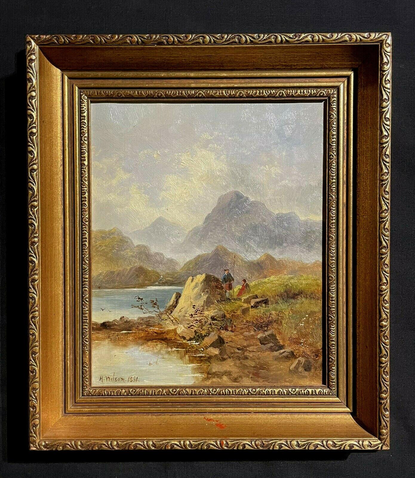 VICTORIAN SCOTTISH OIL PAINTING - ANGLERS BESIDE HIGHLAND LOCH & MOUNTAINS - Painting by H. Wilson
