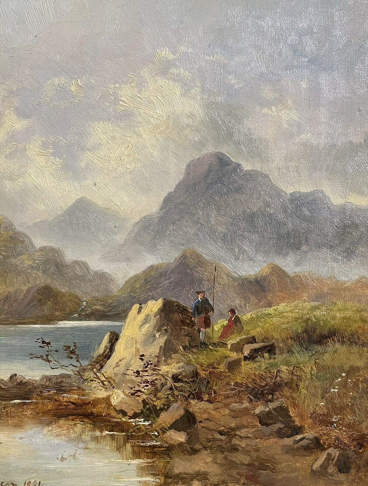 VICTORIAN SCOTTISH OIL PAINTING - ANGLERS BESIDE HIGHLAND LOCH & MOUNTAINS - Victorian Painting by H. Wilson