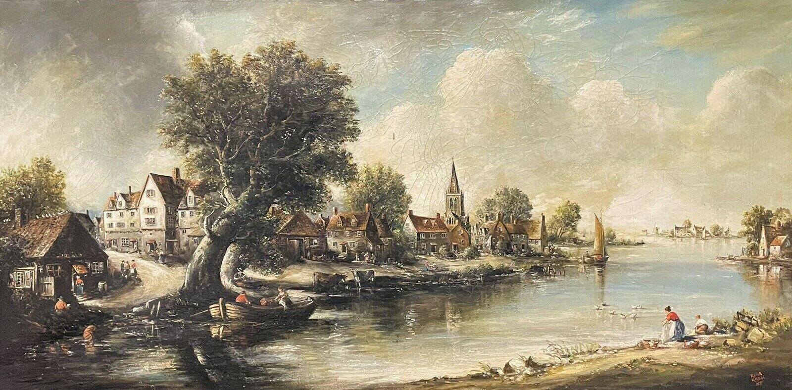 Norman French Landscape Painting - HUGE ANTIQUE BRITISH OIL PAINTING RIVER LANDSCAPE & BUILDINGS - SIGNED RIMA