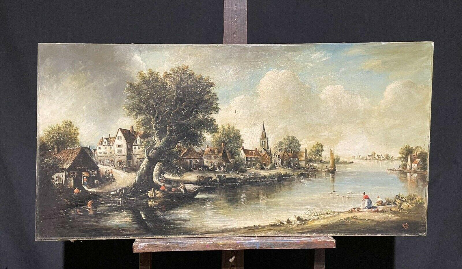 HUGE ANTIQUE BRITISH OIL PAINTING RIVER LANDSCAPE & BUILDINGS - SIGNED RIMA - Painting by Norman French