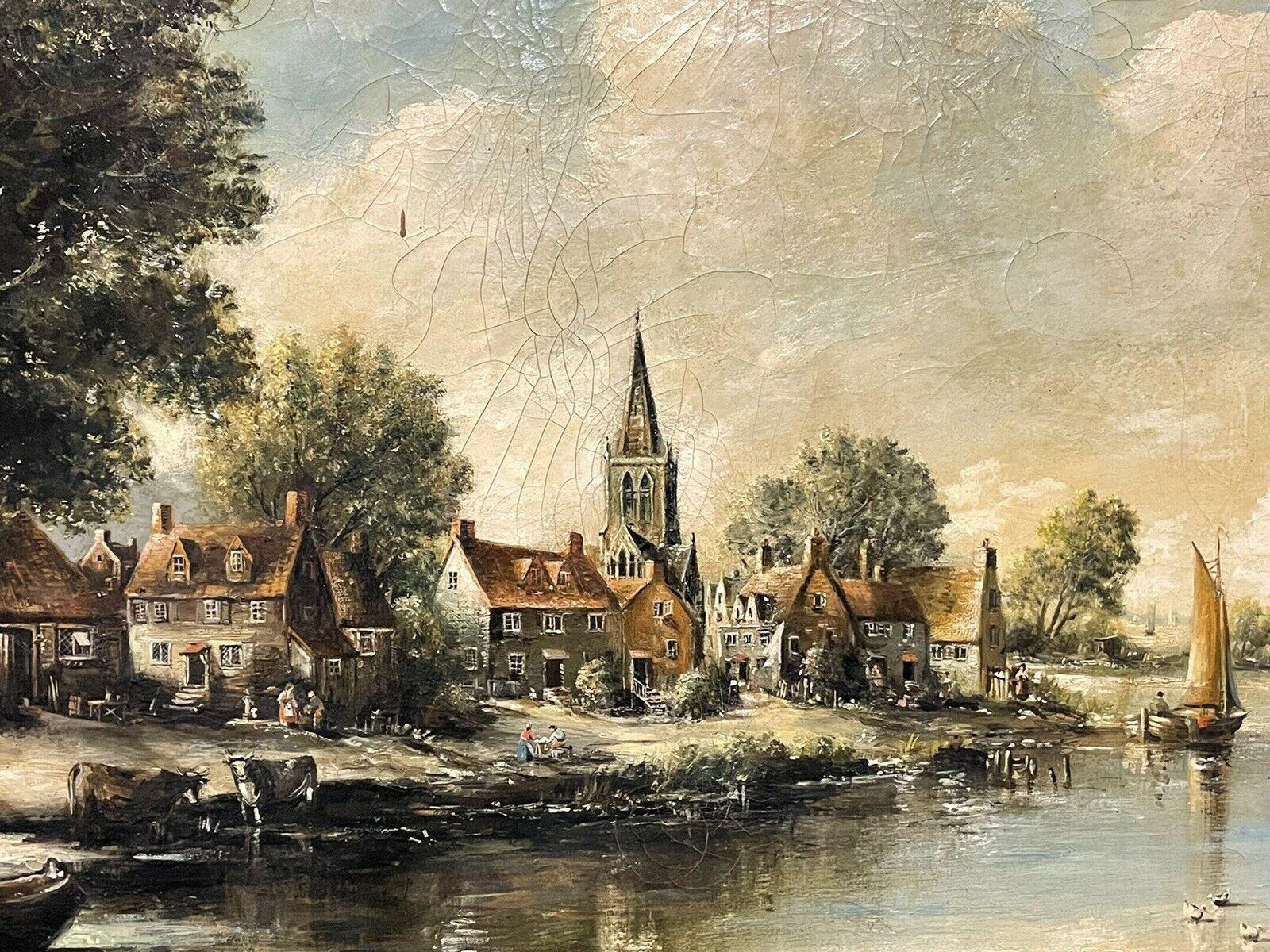 HUGE ANTIQUE BRITISH OIL PAINTING RIVER LANDSCAPE & BUILDINGS - SIGNED RIMA - Victorian Painting by Norman French
