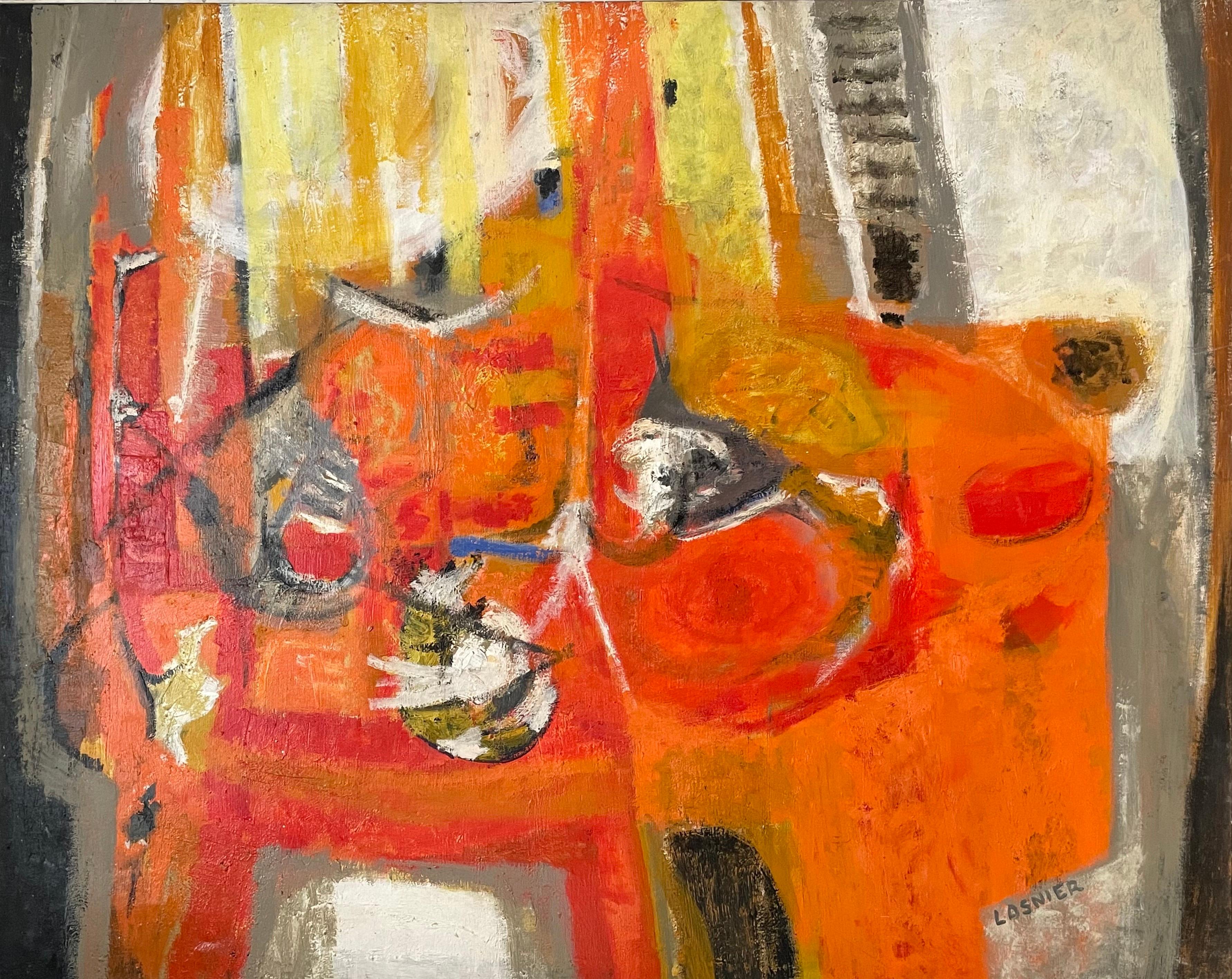 Jean Lasnier Abstract Painting - Huge Mid 20th Century French Abstract Expressionist Oil Painting Orange Reds