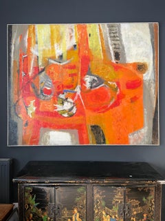 Huge Mid 20th Century French Abstract Expressionist Oil Painting Orange Reds