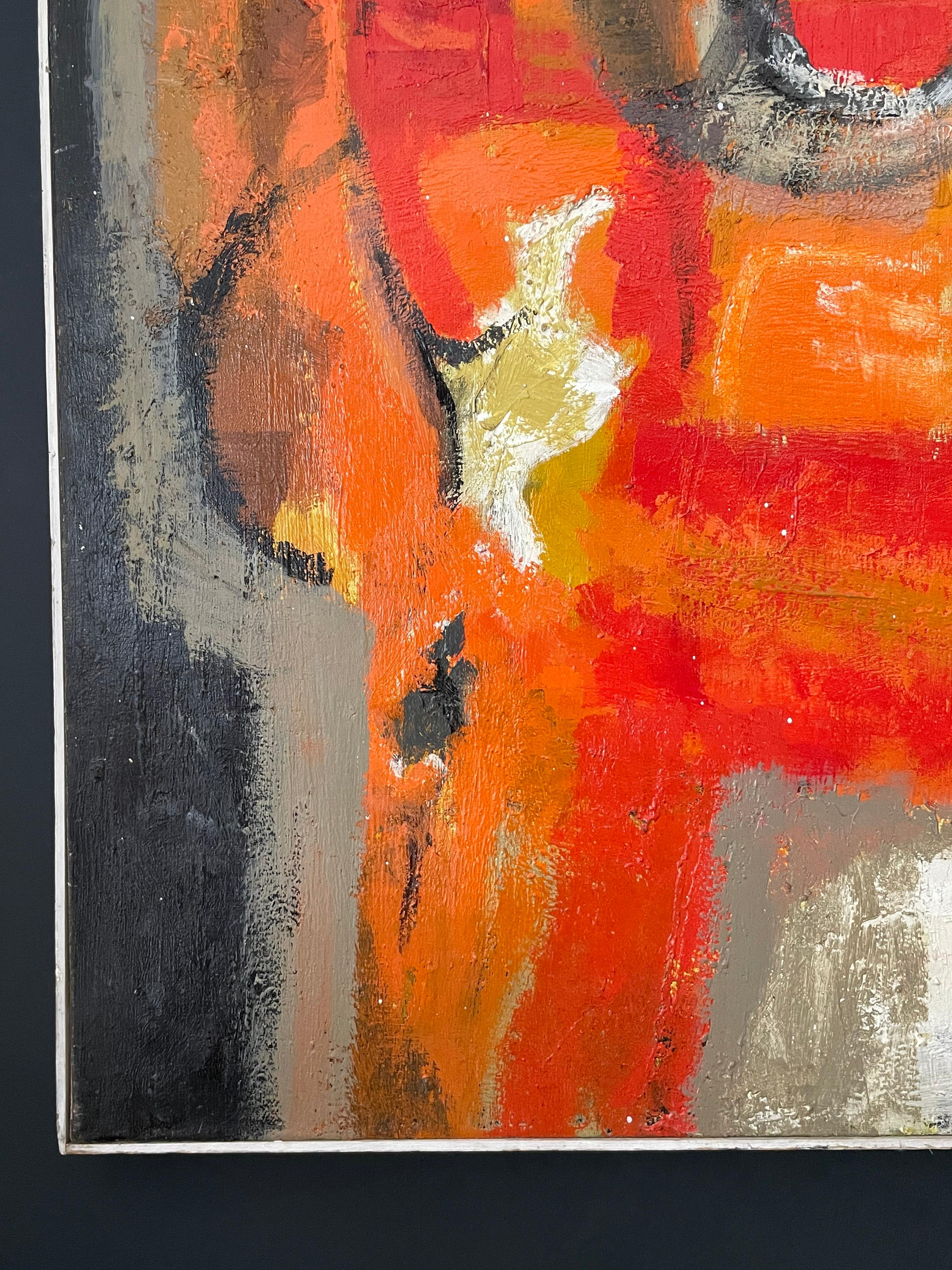 Huge Mid 20th Century French Abstract Expressionist Oil Painting Orange Reds 3