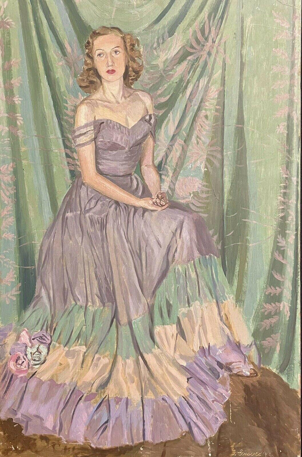 Frank Graves Interior Painting - 1940's ENGLISH SIGNED OIL - PORTRAIT OF A LADY IN ELEGANT DRESS - GREENS & PINKS