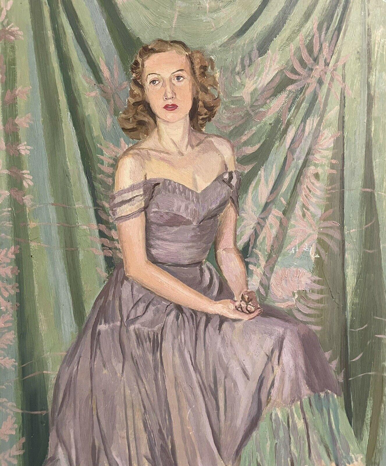 1940's ENGLISH SIGNED OIL - PORTRAIT OF A LADY IN ELEGANT DRESS - GREENS & PINKS - Brown Interior Painting by Frank Graves