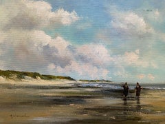 Signed British Impressionist Oil Painting - Figures Walking on Windswept Beach