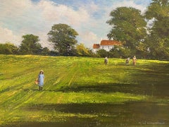 British Signed Impressionist Oil Painting - Walking in Green Meadows