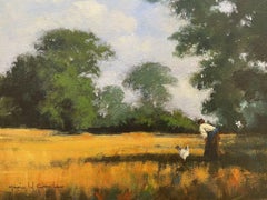 British Impressionist Signed Oil - Lady with Chicken in Rural Farm Fields
