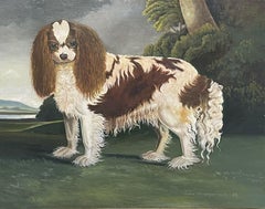 SIGNED ENGLISH OIL PAINTING - KING CHARLES CAVALIER SPANIEL DOG IN LANDSCAPE