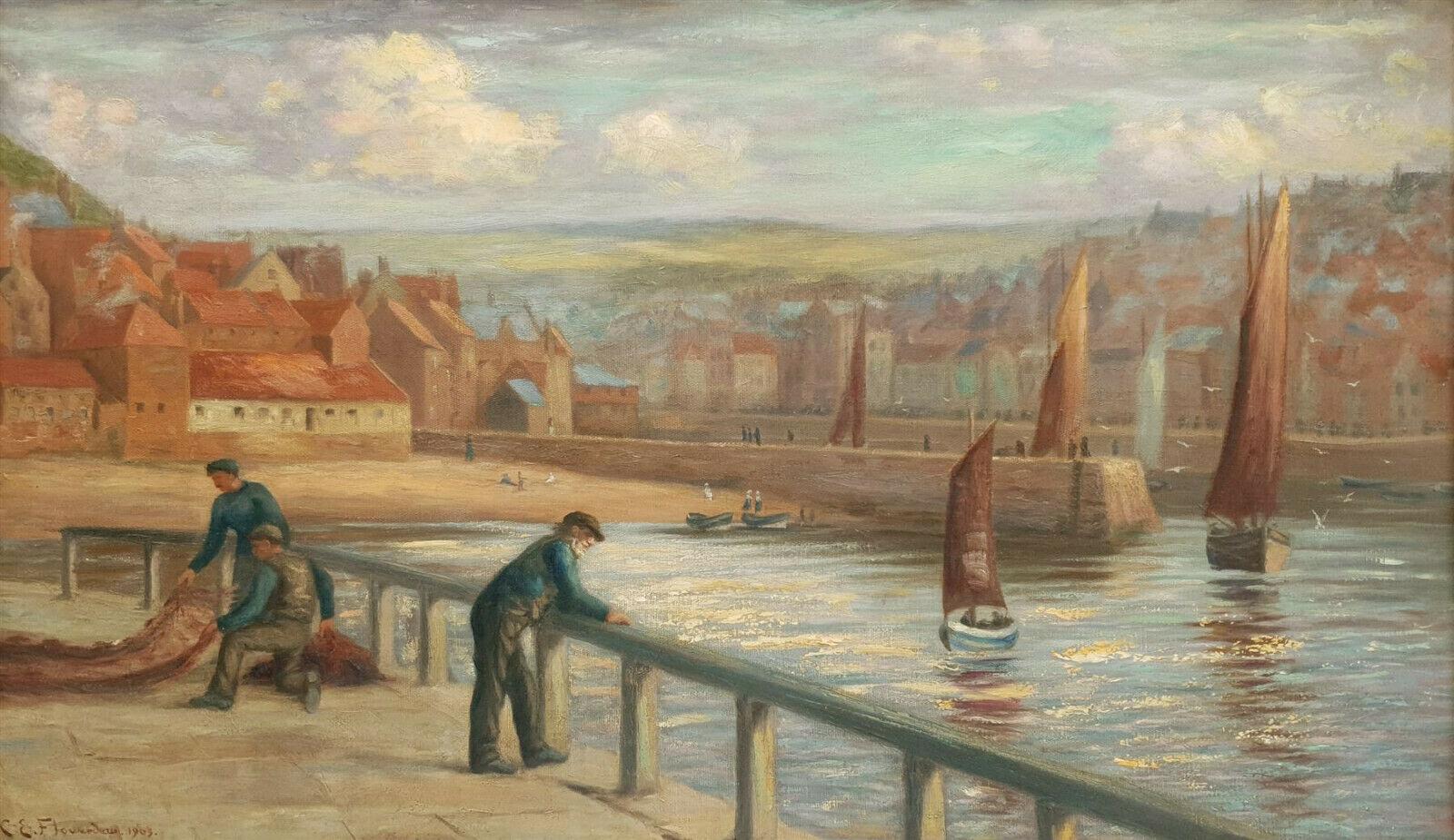 Charles E Flowerdew (British exh.1885) Figurative Painting - VICTORIAN SIGNED OIL PAINTING - WHITBY FISHERMEN STANDING ON EAST PIER HARBOUR