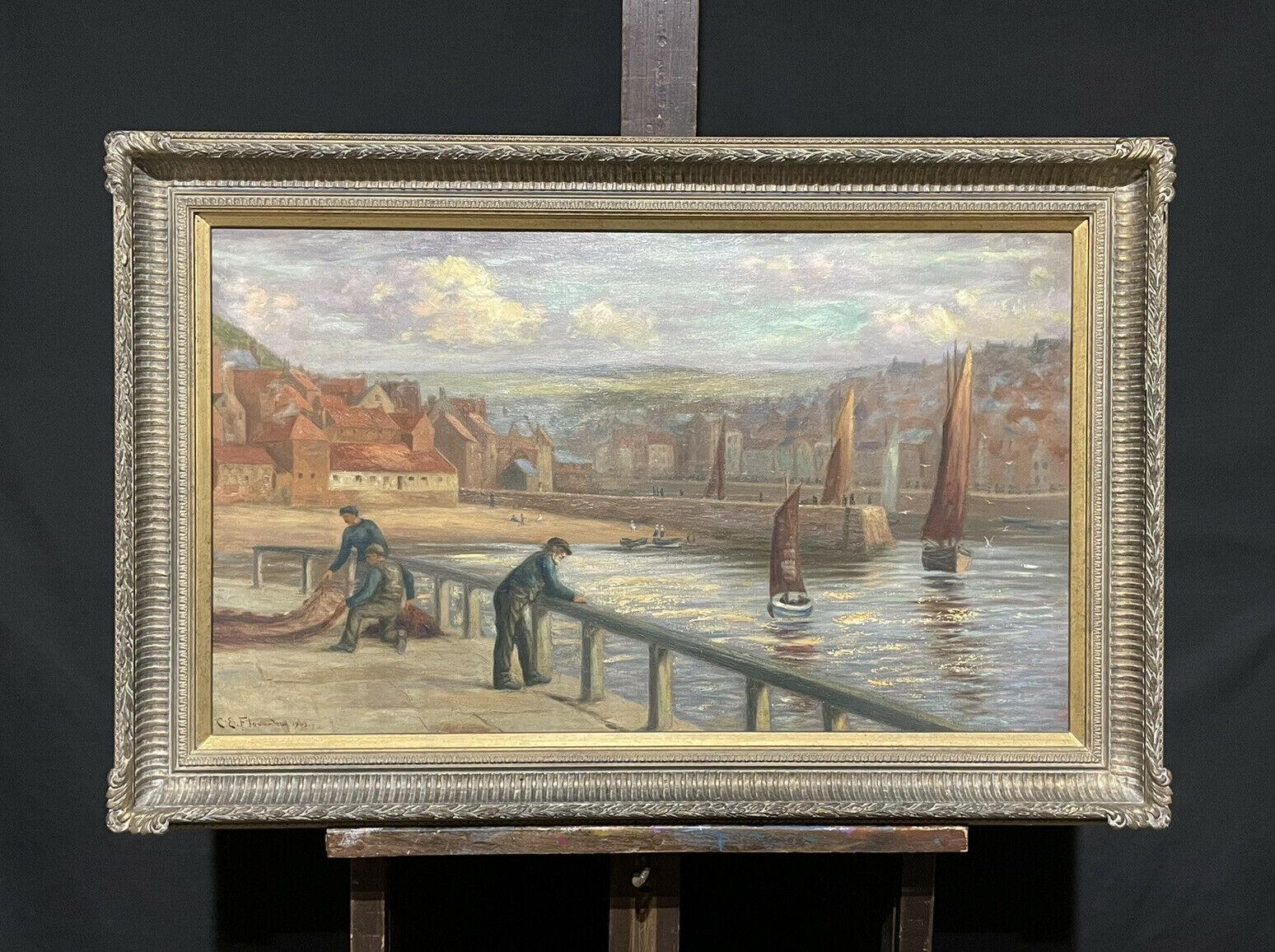 VICTORIAN SIGNED OIL PAINTING - WHITBY FISHERMEN STANDING ON EAST PIER HARBOUR - Painting by Charles E Flowerdew (British exh.1885)